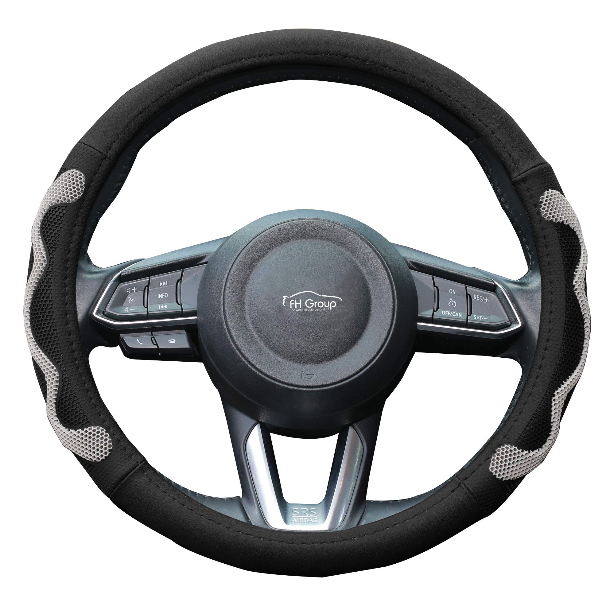 TLH Universal Leather Car Steering Wheel Cover with Silicone Anti-Slip Grip, Gray Color