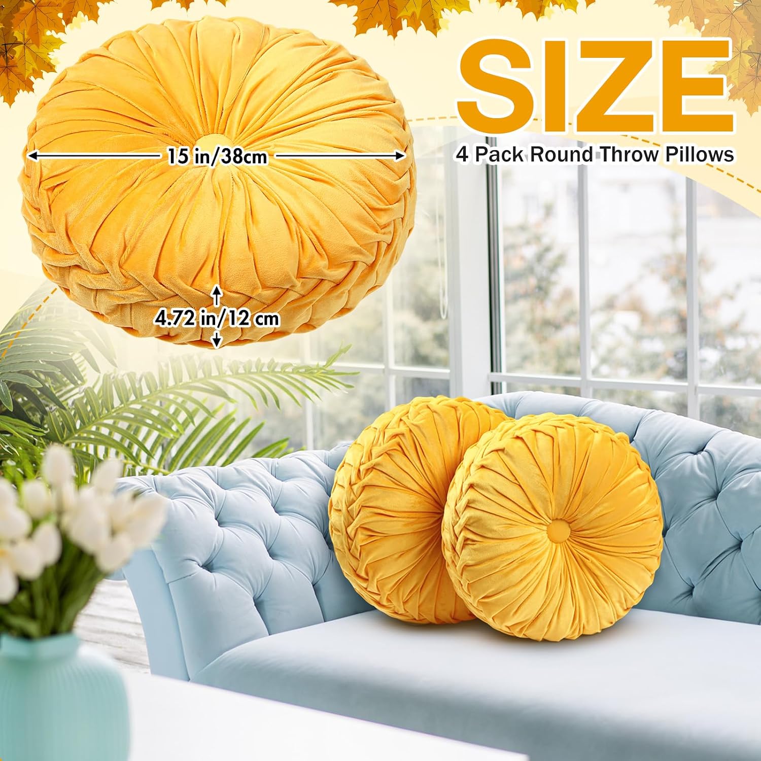 Beeveer 2 Pcs Round Throw Pillows 15 Inch Decorative Velvet Pleated Pumpkin Pillows Boho Floor Pillow with Center Button for Living Room Couch Chair Bed Sofa Home Decoration (Yellow) Yellow 2