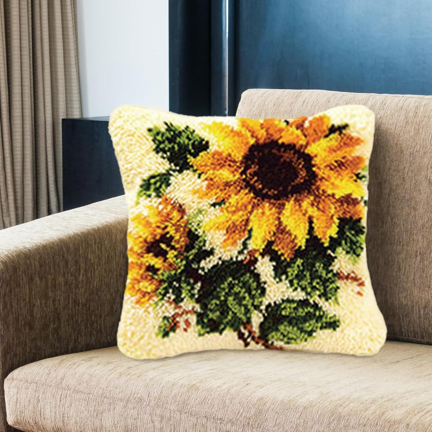 LAPATAIN Latch Hook Kits for DIY Throw Pillow Cover,Needlework Cushion Cover Hand Craft Crochet for Great Family 17X17inch(Sunflower)