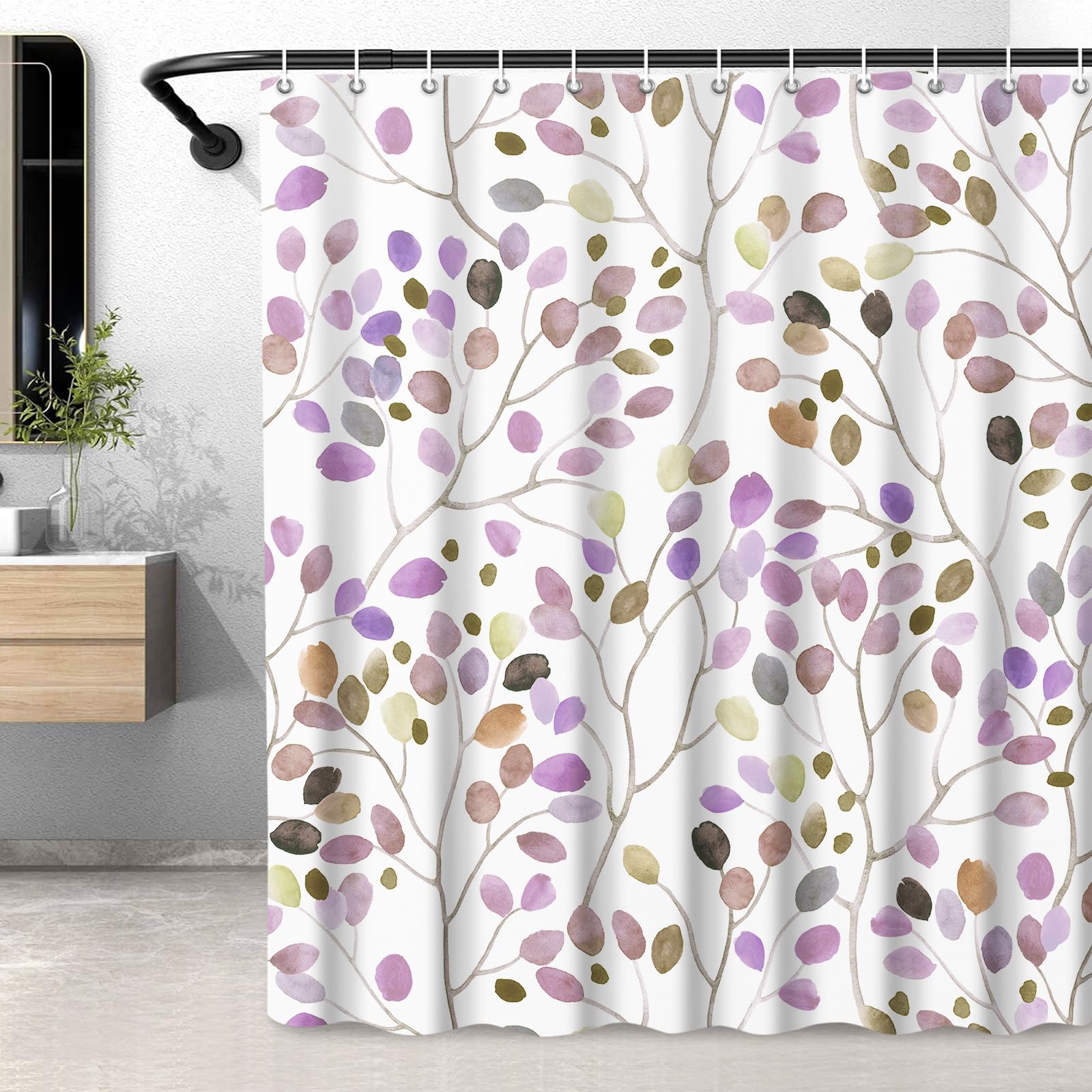 LXBNI Extra Long Floral Shower Curtain, Colorful Botanical Flower Leaves Bohemian Fabric Shower Curtain with Plastic Hooks, Decorative Waterproof Polyester Curtain 72x84 Inches, Plum — image 1