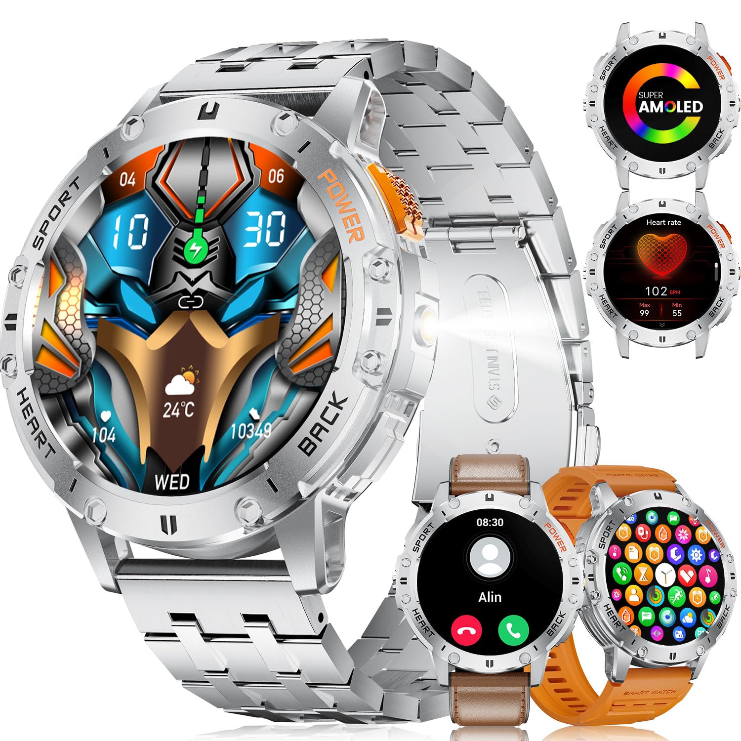 ESFOE Smartwatch Uomo Militare Impermeabile 5ATM con Torcia LED 1,43" AMOLED Display Rugged Smartwatch Orologio con Chiamate Bluetooth, 100+ Modalità, SpO2, Sonno, Notifiche WhatsApp per Android iOS