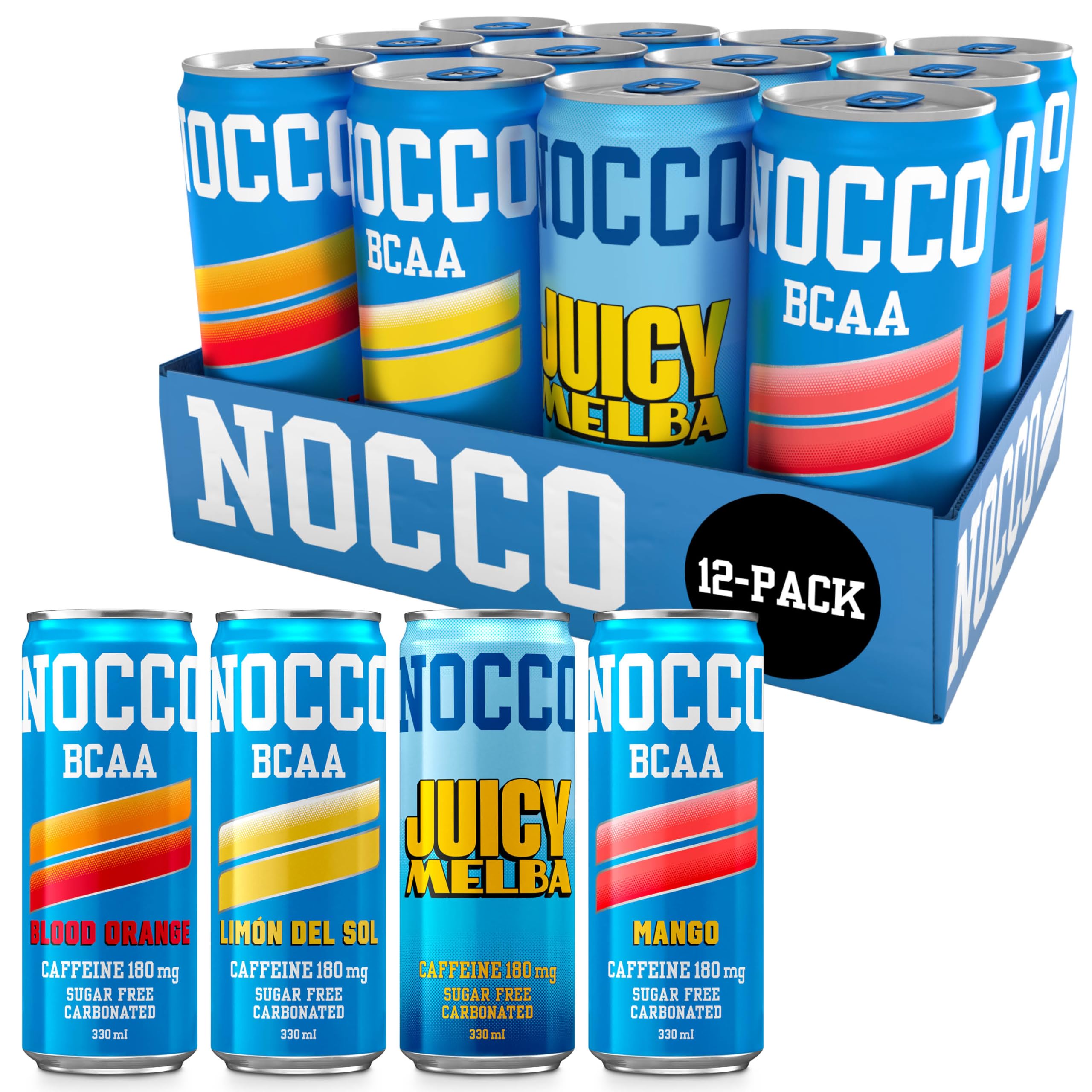 NOCCO Sugar Free Energy Drink – BCAA, 180mg High Caffeine, with Amino Acids & Vitamins, Ideal for Pre Workout – 12 x 330ml (Summer Variety Pack)