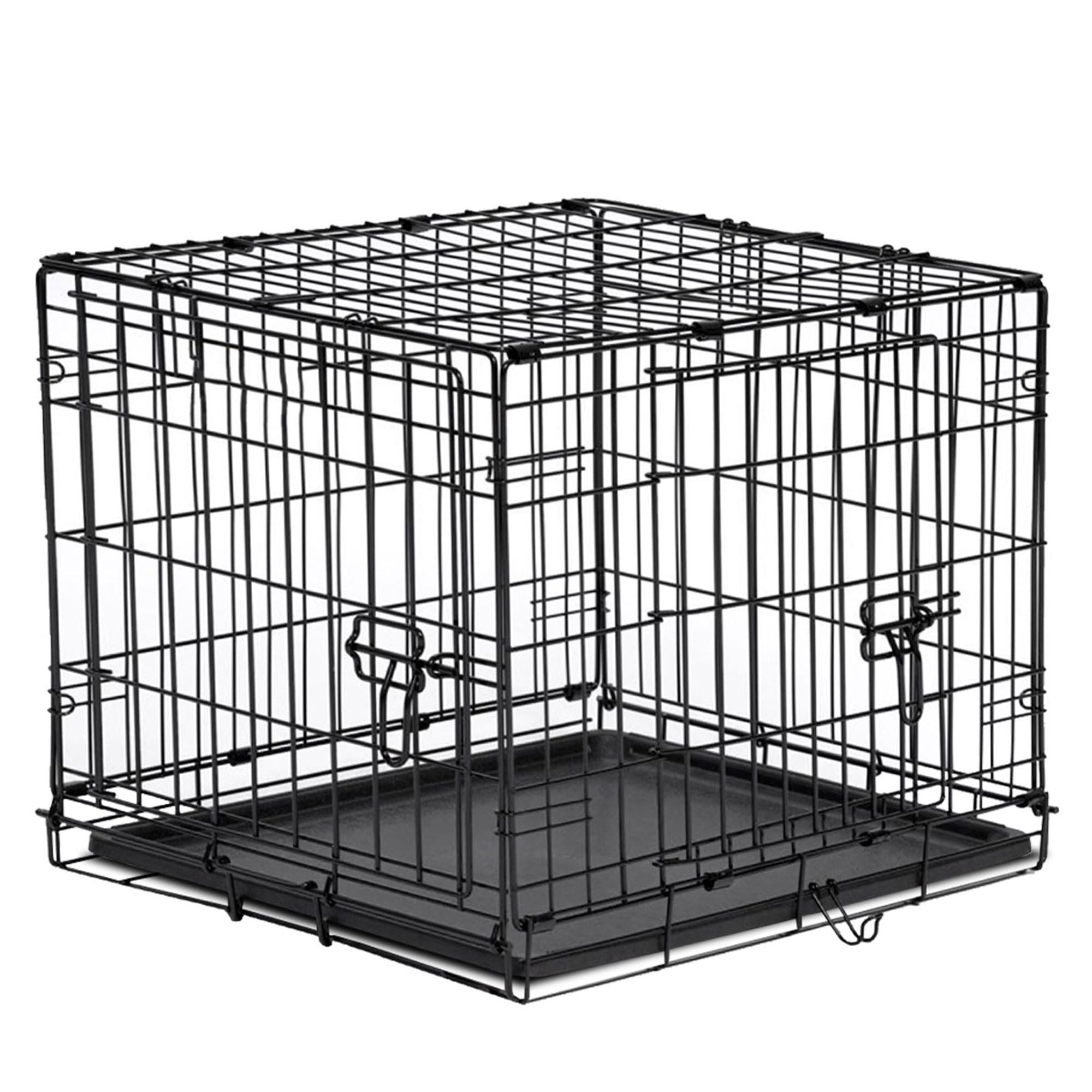 VELVETIO Foldable Dog Cage with Leak Proof Tray, 24 - Inch Double Door Metal Pets Training Crate, Heavy Duty Chew Resistant Plastic Base Pan, (61 X 42 X 49 Cm), Black