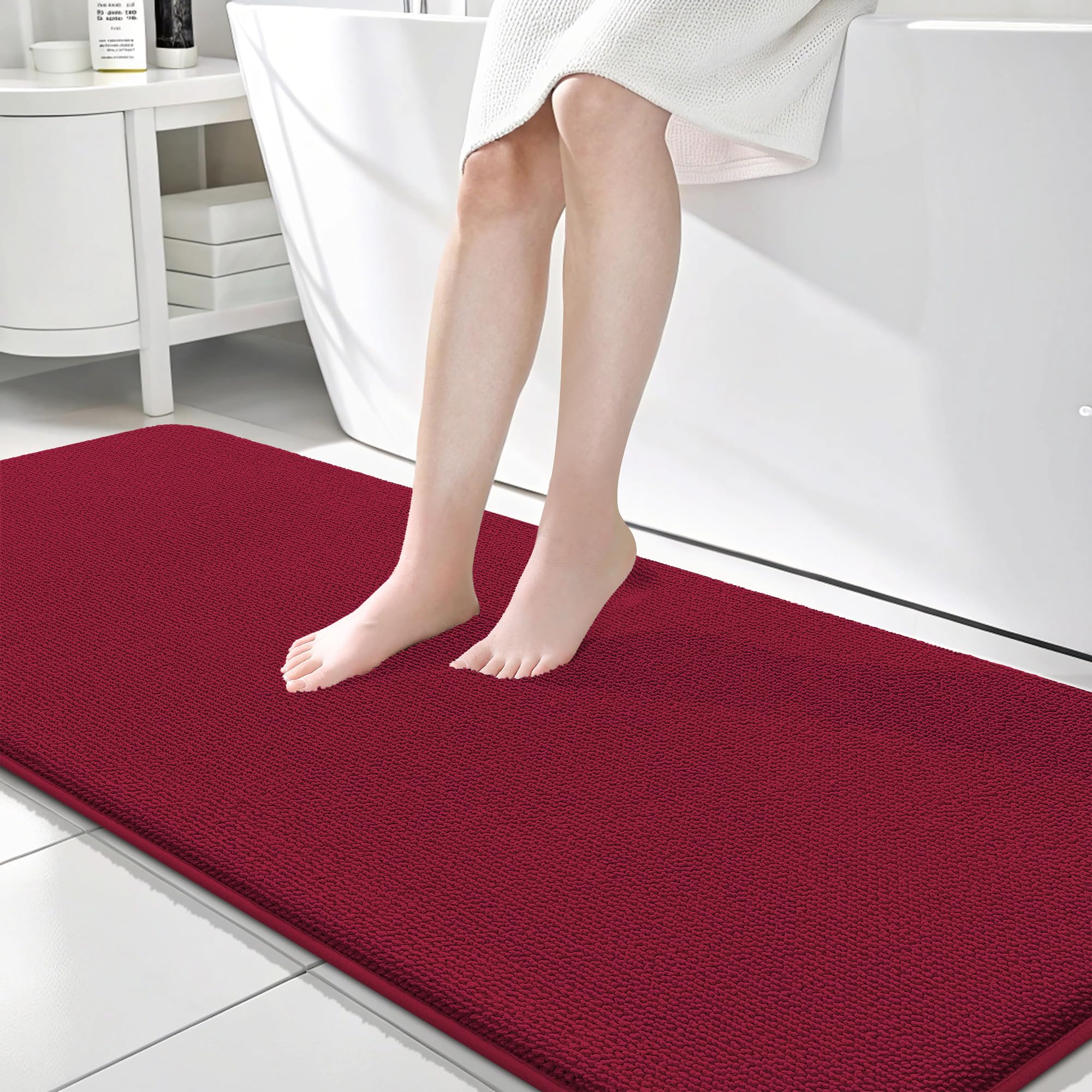 OLANLY Memory Foam Bathroom Runner Rugs 70x24, Absorbent Long Mat, Burgundy