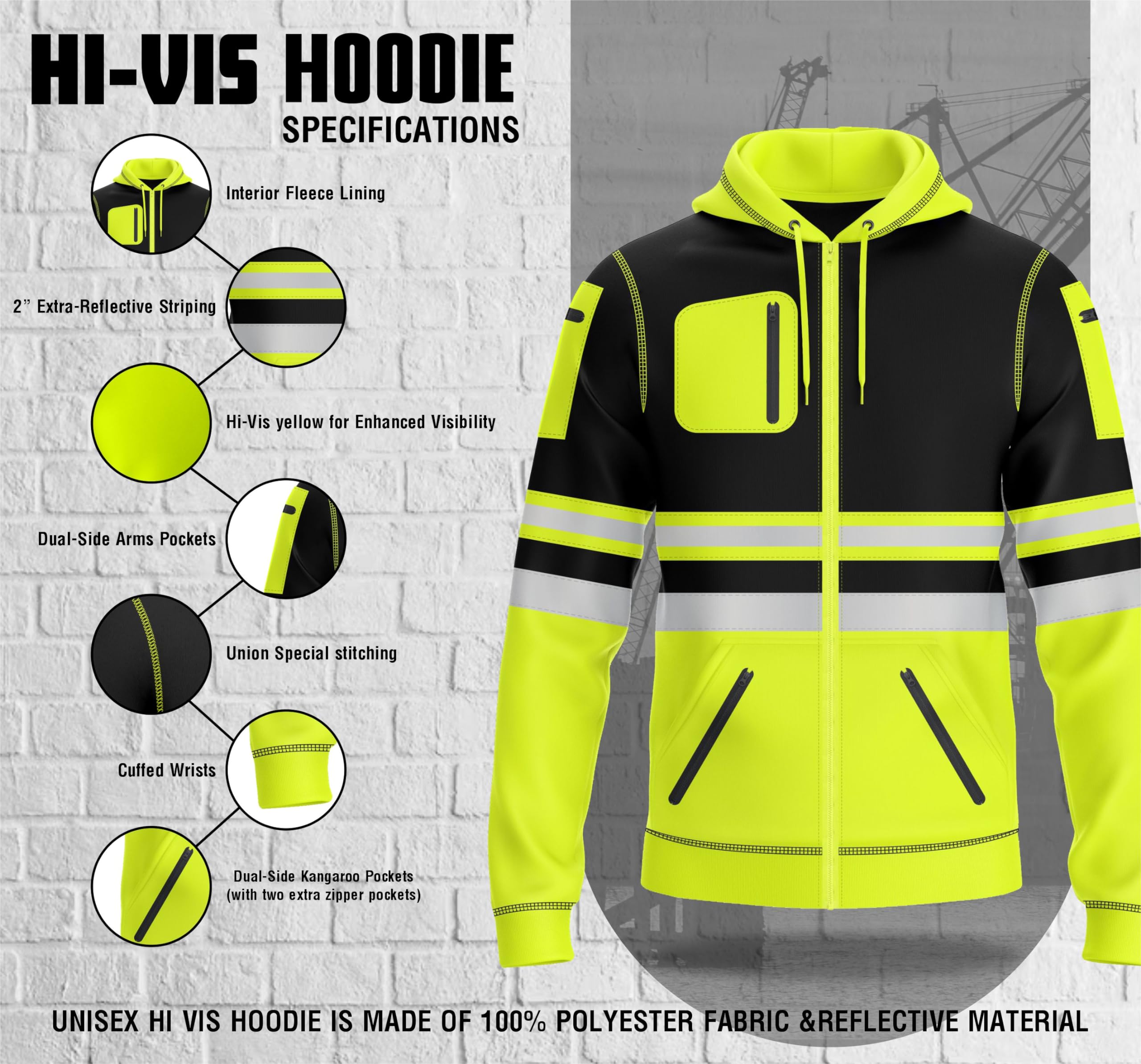 Mens Hi Vis Pullover Hoodie Reflective Tape Safety Work Drawstring Multi Zipped Pockets High Viz High Visibility Hoodie Sweatshirt