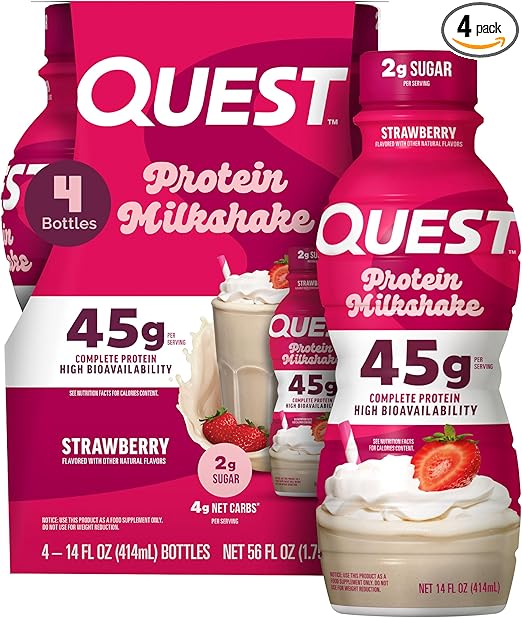 Quest Nutrition Strawberry Protein Shake, 45g Protein, 2g Sugar, 4g Net Carbs, Ready to Drink, Gluten Free, 4 Count