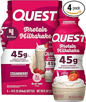 Quest Nutrition Strawberry Protein Shake, 45g Protein, 2g Sugar, 4g Net Carbs, Ready to Drink, Gluten Free, 4 Count