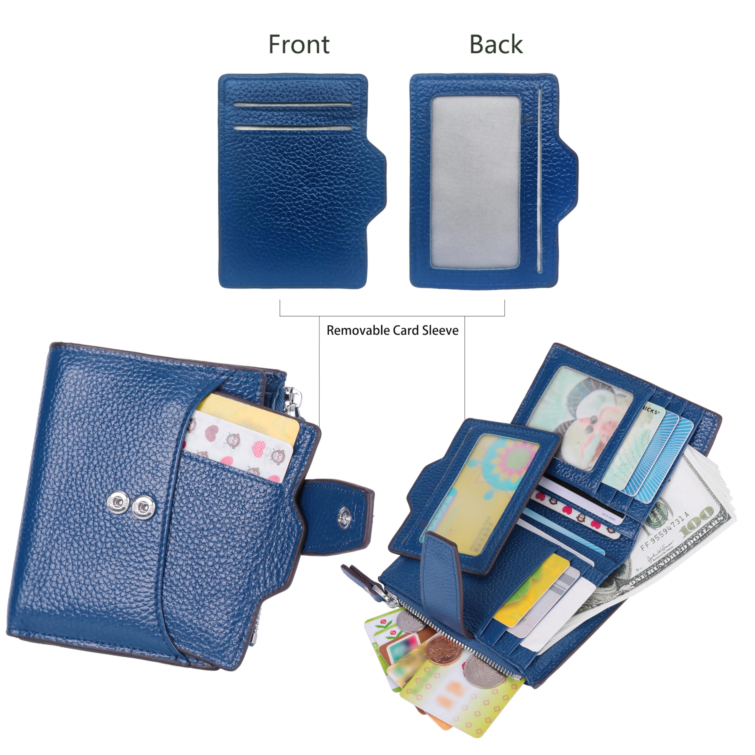 Cartera de piel con cierre RFID para mujer, tamaño pequeño, compacto, con cierre doble, con ventana de identificación, azul (Azul Lichee), Talla única