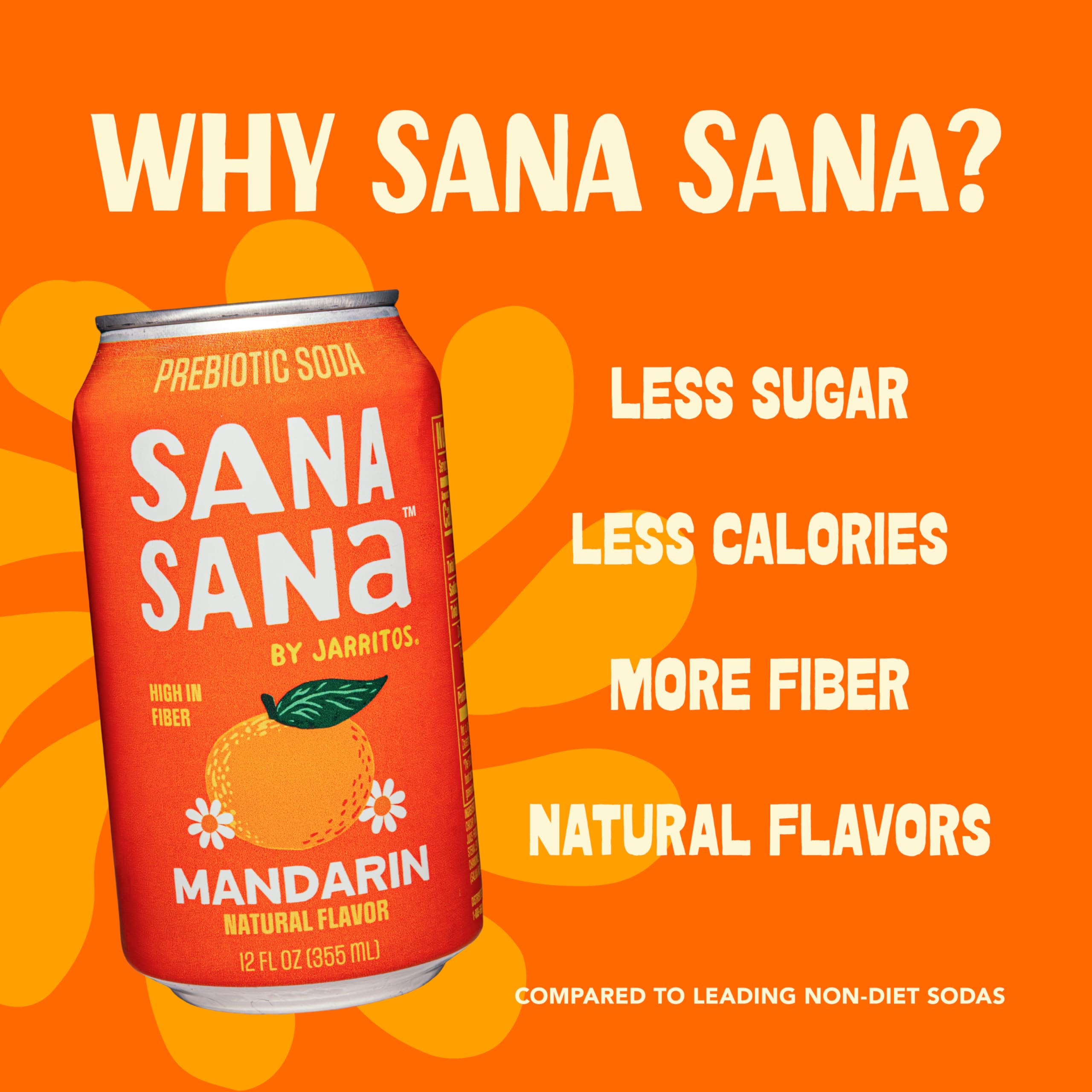 Sana Sana by Jarritos - Mexican Prebiotic Soda Soft Drinks, Mandarin (12 oz, 355ml) 12 Cans - 40 Calories, 10g of Fiber - Low Sugar - Natural Flavor Soda Pop