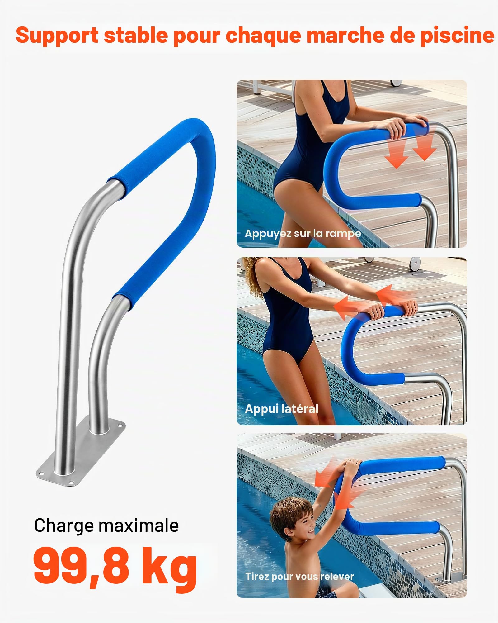 VEVOR Rail de piscine 30x22 Garde-corps de piscine en acier inoxydable 304, 250LBS Main courante de piscine, humanisée avec couvercle de poignée bleu et mèche M8 et vis autotaraudeuses