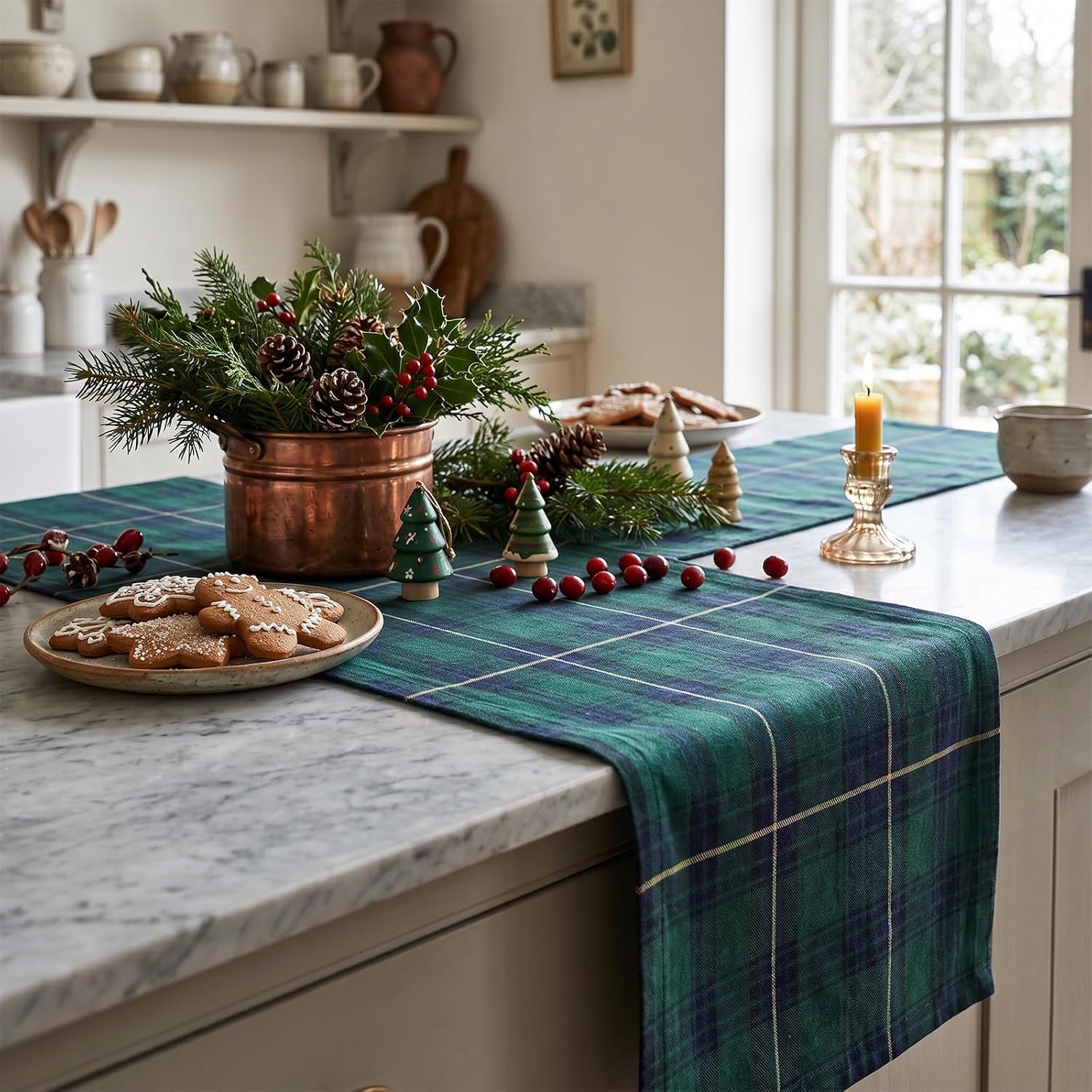6Pcs 72 x 13'' Tartan Plaid Bear Table Runners Vintage Baby Shower Table Runner Decoration Green and Blue Plaid Tables Runners for Baby Shower Wedding Birthday Farmhouse Dining Room Kitchen Decor