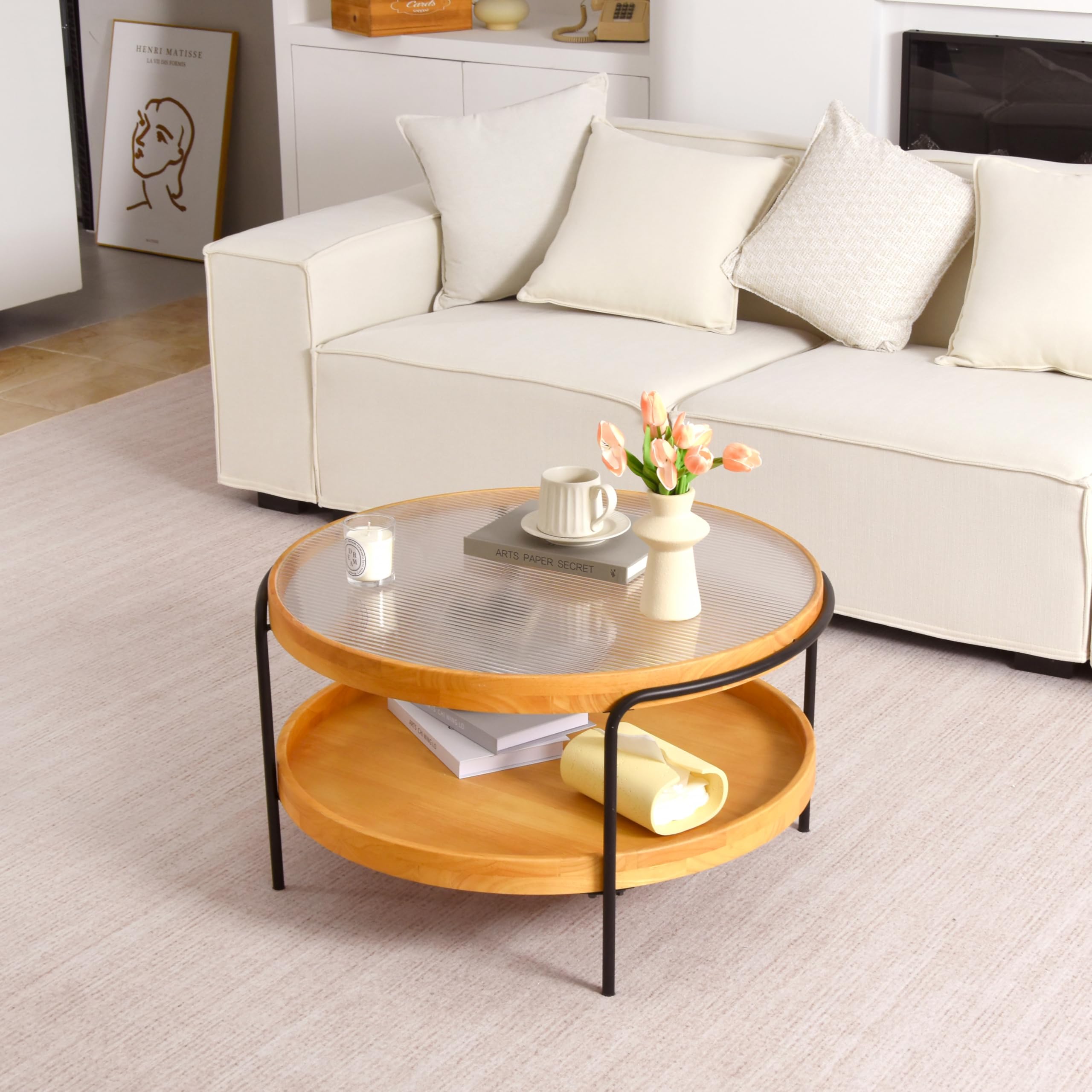 Couchtisch Rund Holz, 2-Tier Coffee Table aus Glas, Ø76x45cm