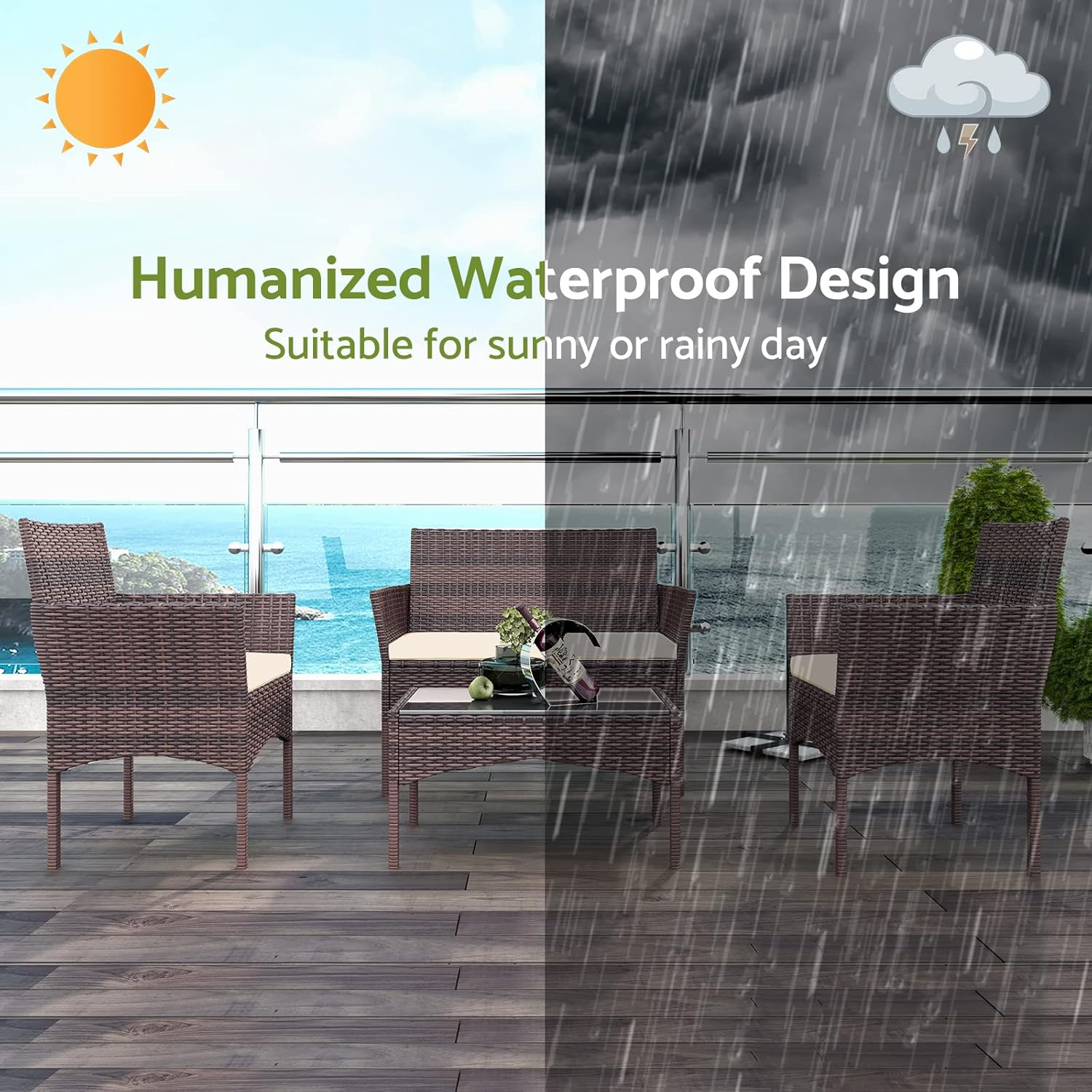 4 Piece Outdoor Patio Furniture Set, All-Weather Rattan Weaving Wicker Armchairs with Glass Coffee Table and Thick Cushions, Sectional Patio Sofa Set for Garden Balcony Pool or Backyard, Nut Brown : Patio, Lawn & Garden