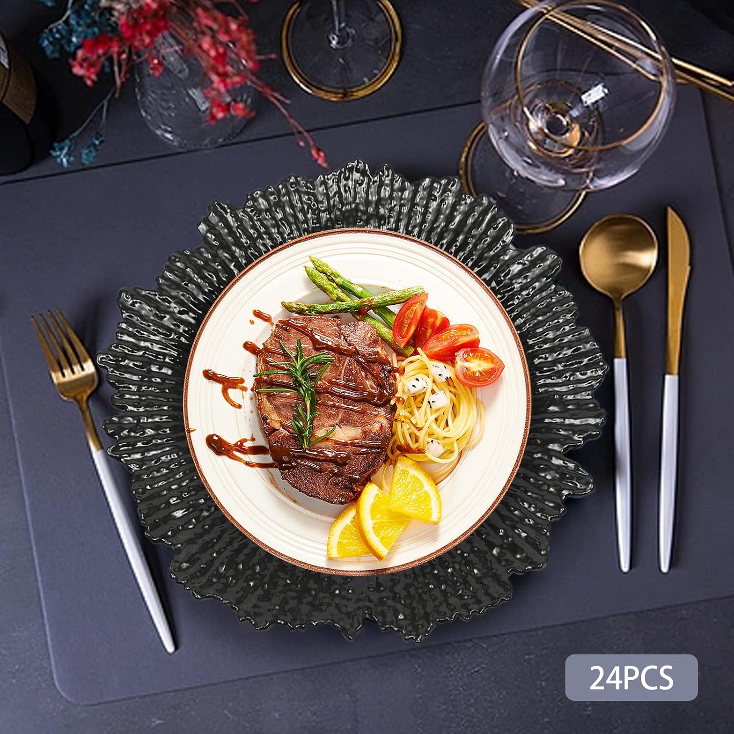 13 inch Charger Plates Set of 24, Round Plastic Reef Plate Chargers for Dinner Plates, Wedding, Party Elegant Decoration Place Mats, Reusable Coral Reef Texture Luxurious Decoration (Black)
