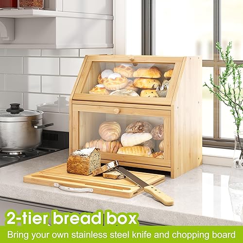 Miniatura 5 de BMOSU Panera con tabla de cortar, almacenamiento y organizador de pan de cocina, encimera de granja, panera doble de madera de bambú de gran