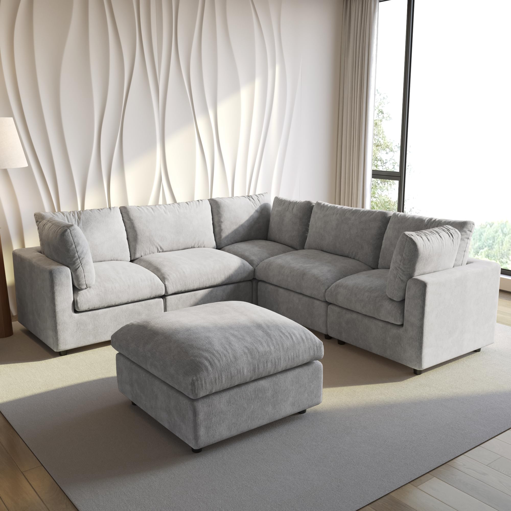 WJShome Cloud Couch Modular Sectional Sofa,100.5" V Shaped Couch, Convertible Wide Seater with Ottoman, 6 Seater for Living Room Set,Covers Washable&