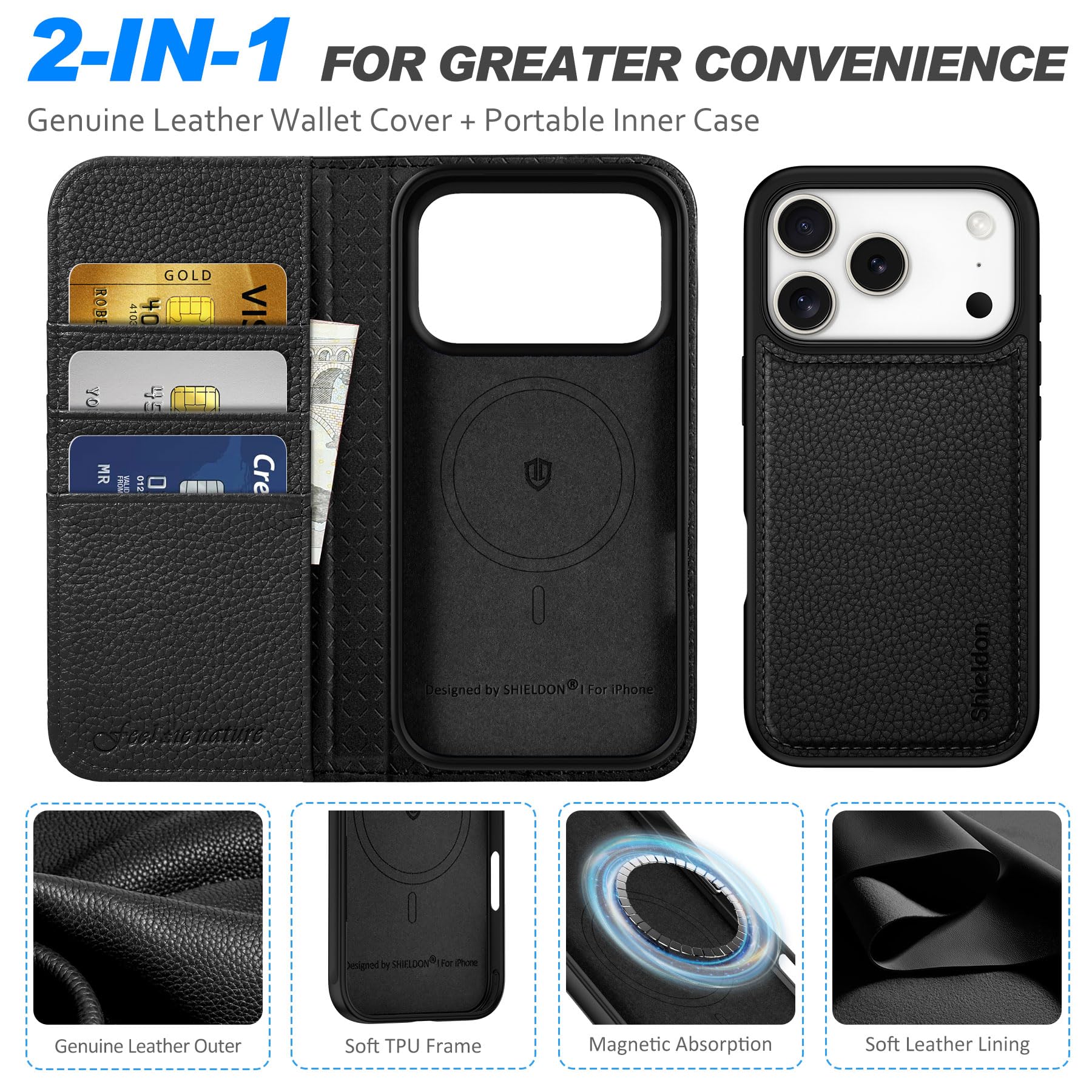 SHIELDON Funda Cuero Genuino para iPhone 17 Pro 6,3 Pulgadas 5G 2025, Funda 2 en 1 Estuche Magnético con Tarjetero [Bloqueo RFID][Función Stand] Capa, Litchi Grano Negro
