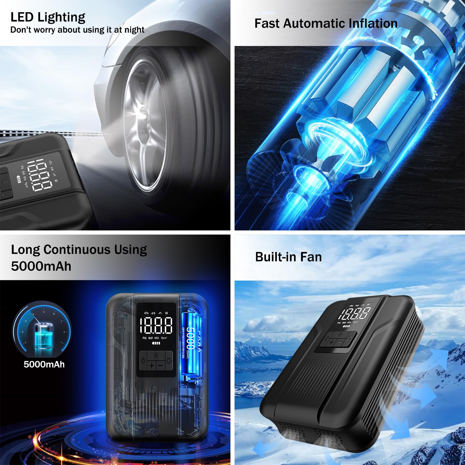 Tire Inflator Portable Air Compressor Portable Air Pump for Car Tires Inflator 150 PSI & 5000mAh Battery Tire Pump for Motorcycle/Bicycle Tires and Balls with Digital Pressure Gauge & LED Light