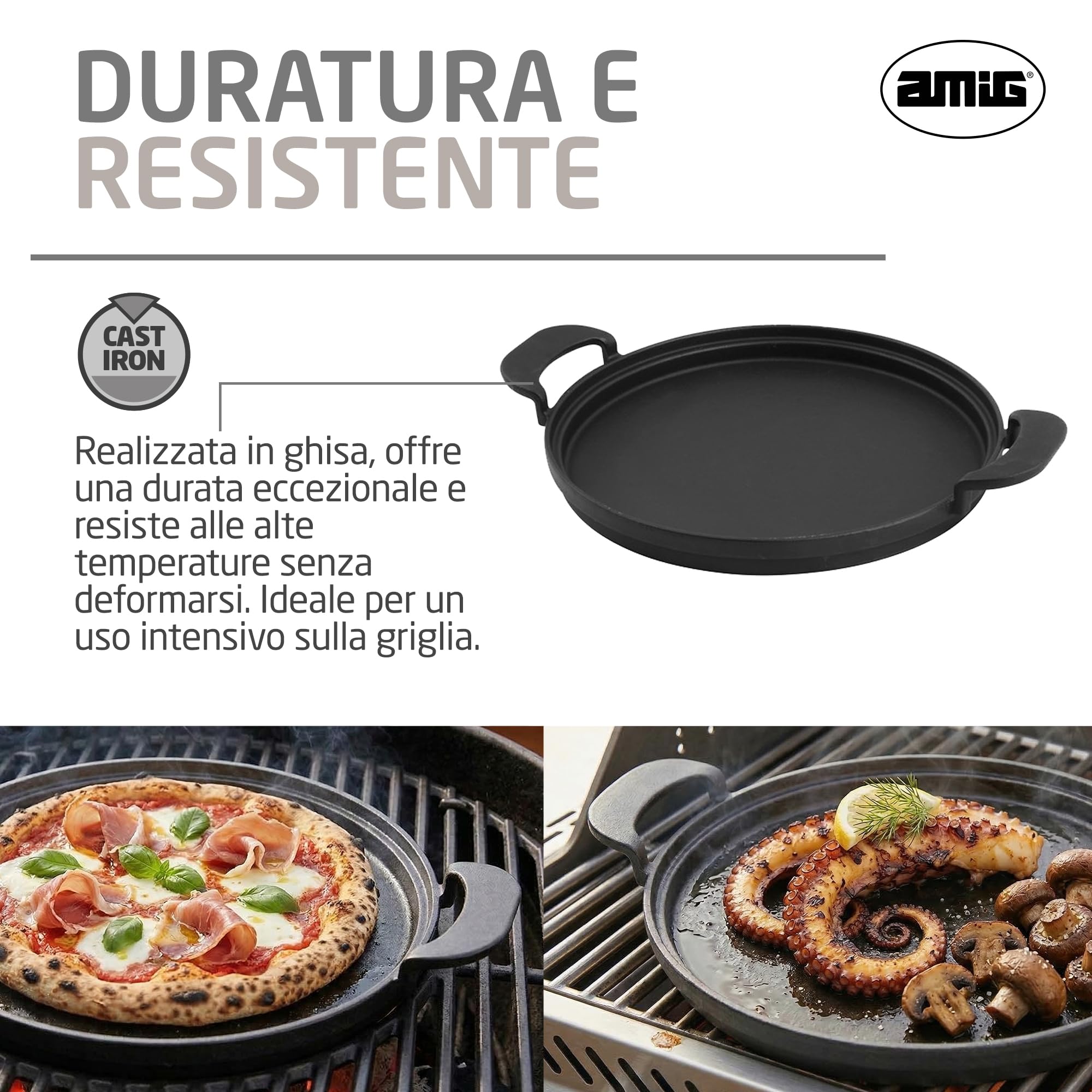 Amig - Padella in Ghisa - Ø31 cm - Distribuzione Uniforme del Calore e Alta Resistenza - Per Barbecue a Carbone o Gas - Mod. AM39