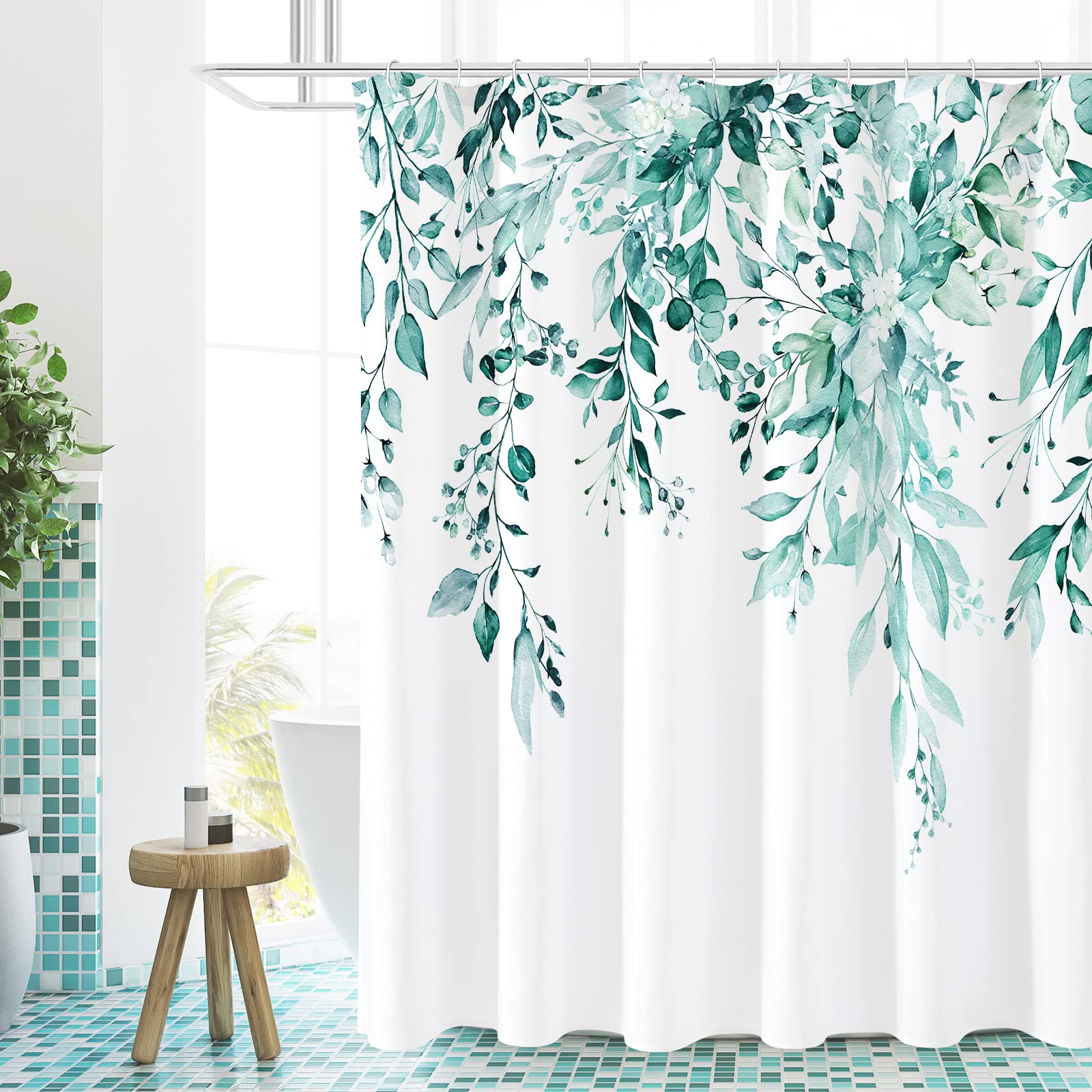 Gibelle Long Shower Curtain 72 x 78, Teal Floral Shower Curtain for Bathroom, Watercolor Plant Eucalyptus Leaves Fabric Shower Curtain Set