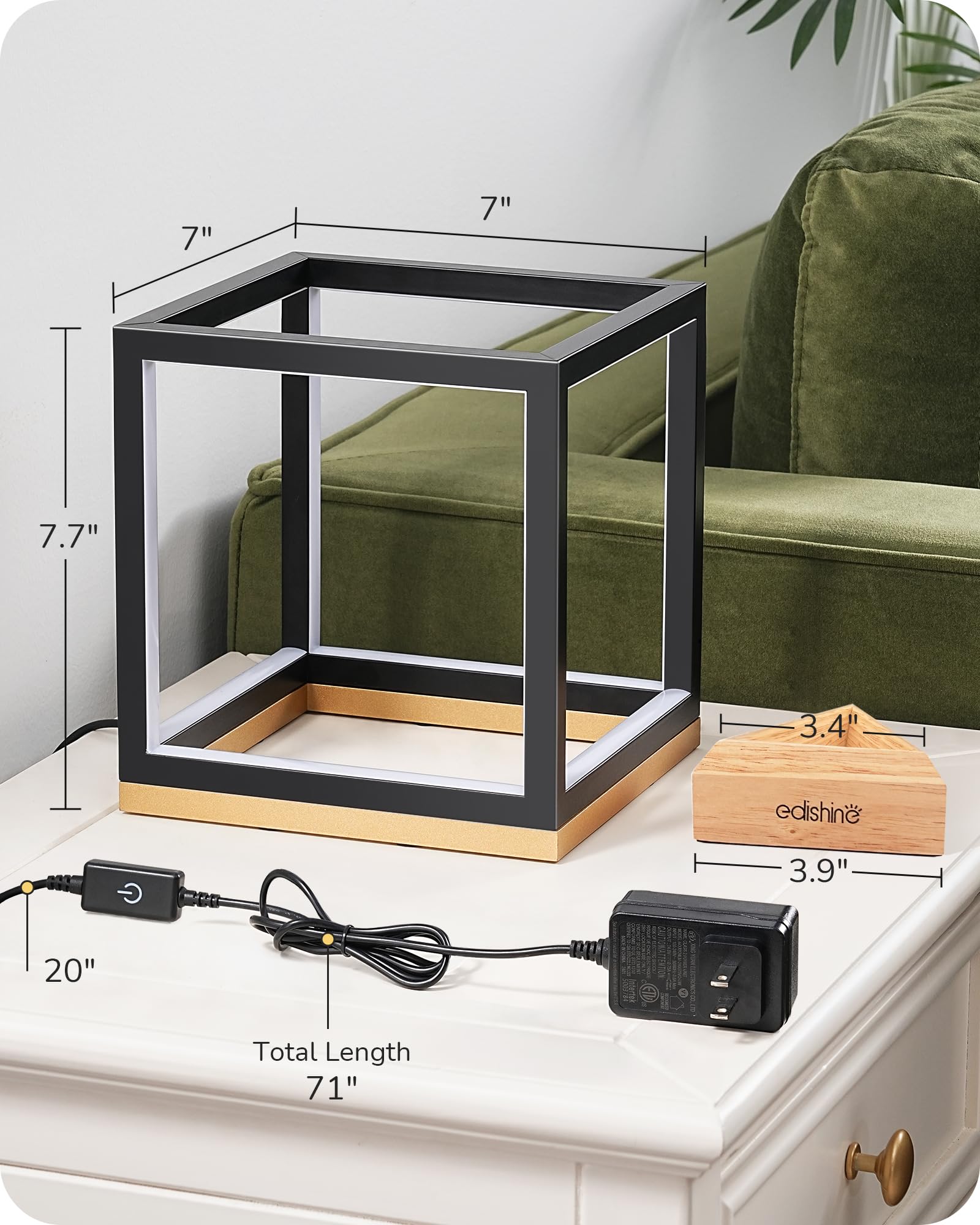 Lámpara de mesa LED moderna, lámpara de noche minimalista con base de madera maciza, regulable de 3 vías, 3000 K/4500 K/6000 K, 470 LM, lámpara de mesita de noche geométrica cuadrada de oro 6