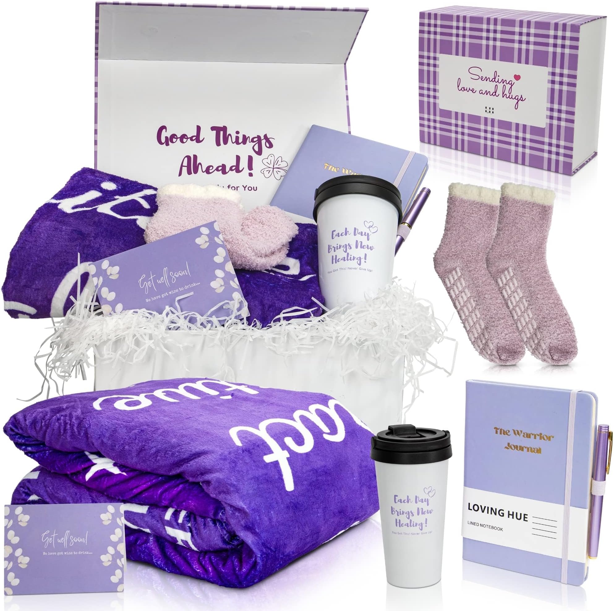 Loving Hue Chemo Care Package, Cancer Care Gifts for Women with Blanket, Socks, Journal, Tumbler (Purple)