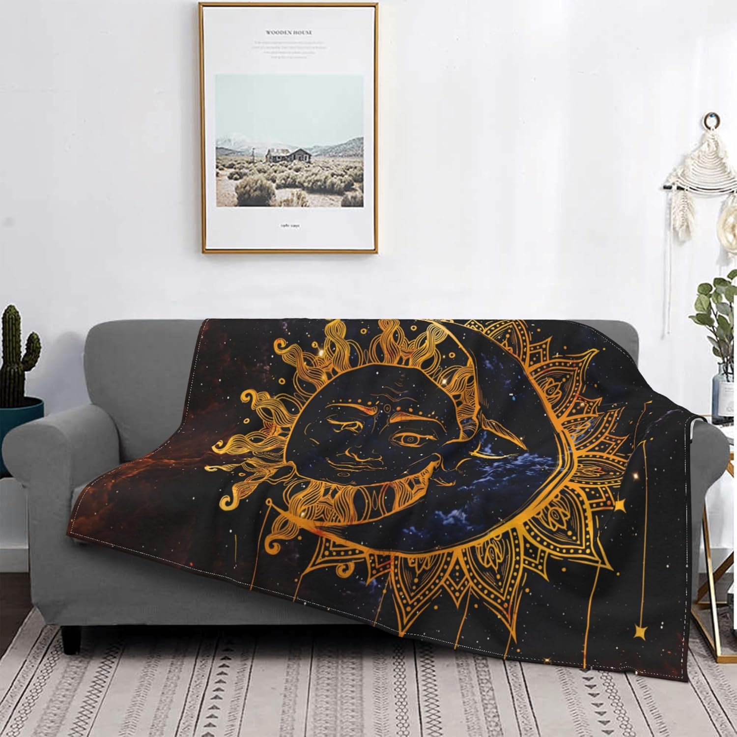 lqowaqz Sun Moon Bohemian Blanket,Sun Moon Throw Blanket
