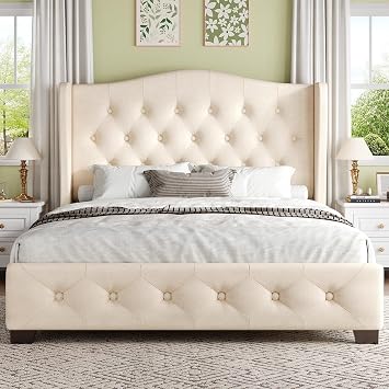 HOMBCK Queen Bed Frame with Tufted Headboard, Velvet Upholstered Bed Frame Queen Size, Curved Wingback Design, Wooden Slats Support, Easy Assembly, No Box Spring Needed, Noise-Free, Beige