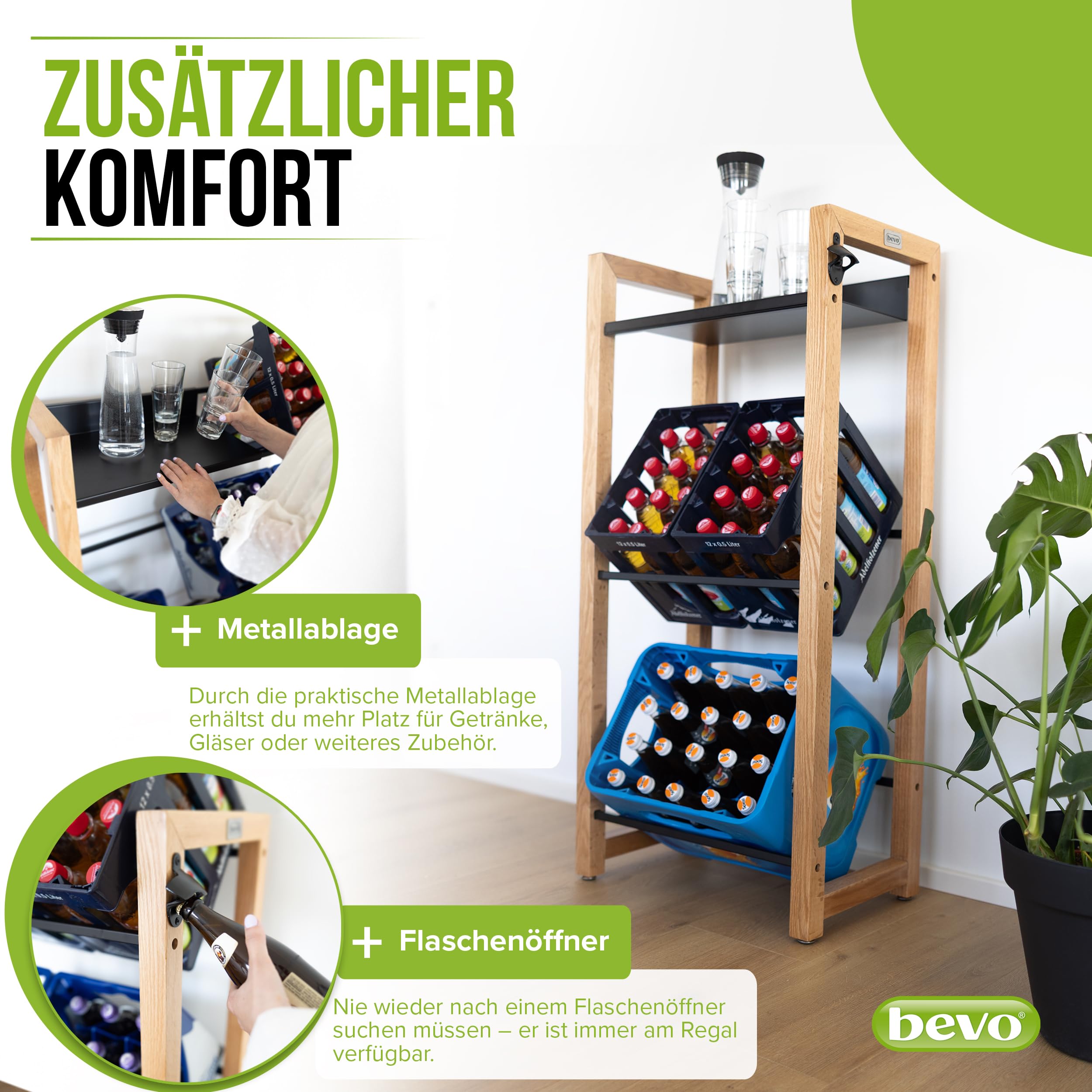 bevo - Getränkekistenregal für 2-6 Kisten aus Eiche Holz inkl. Metall-Ablage - Getränkeregal & Kistenregal mit 2 Stangenlängen (individuell verstellbar) - Getränkekisten Regal für Getränke & Kästen