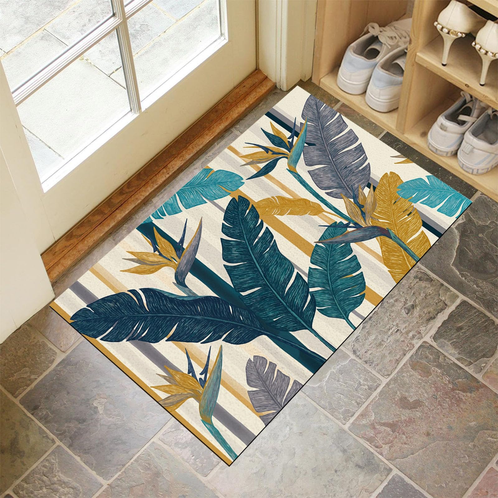 Zerbino Ingresso Interno Piante Subtropicali Boeme, Zerbino Di Benvenuto Lavabile Morbida Strisce Foglie Di Palma, Antiscivolo Tappeto Da Decorazioni Beige Per Casa Porta, 60X90Cm