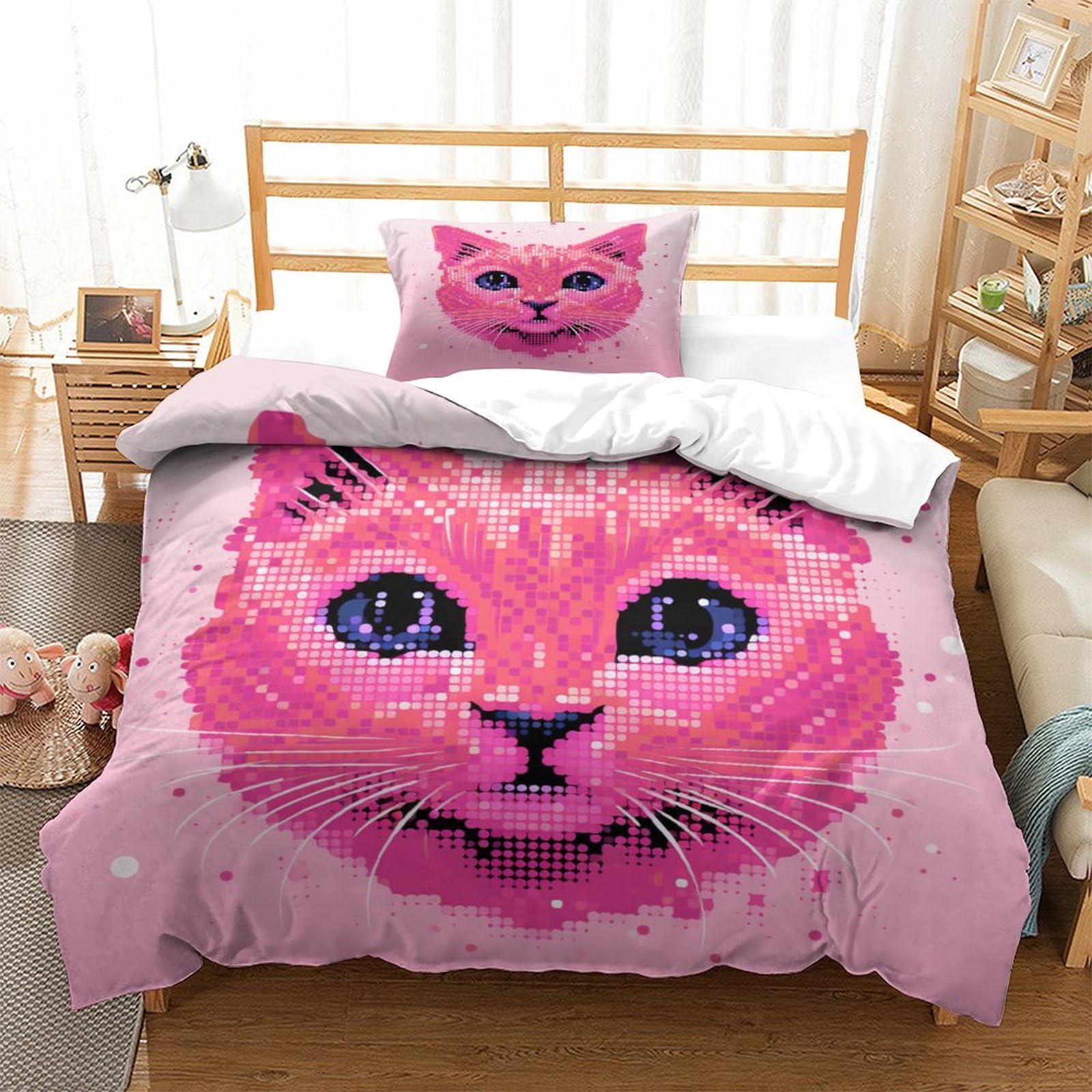 P1S9U7W5Y Cute Cat 3D Printed Duvet Cover Set 3pcs Microfiber Cartoon Cat Bedding Set Single
