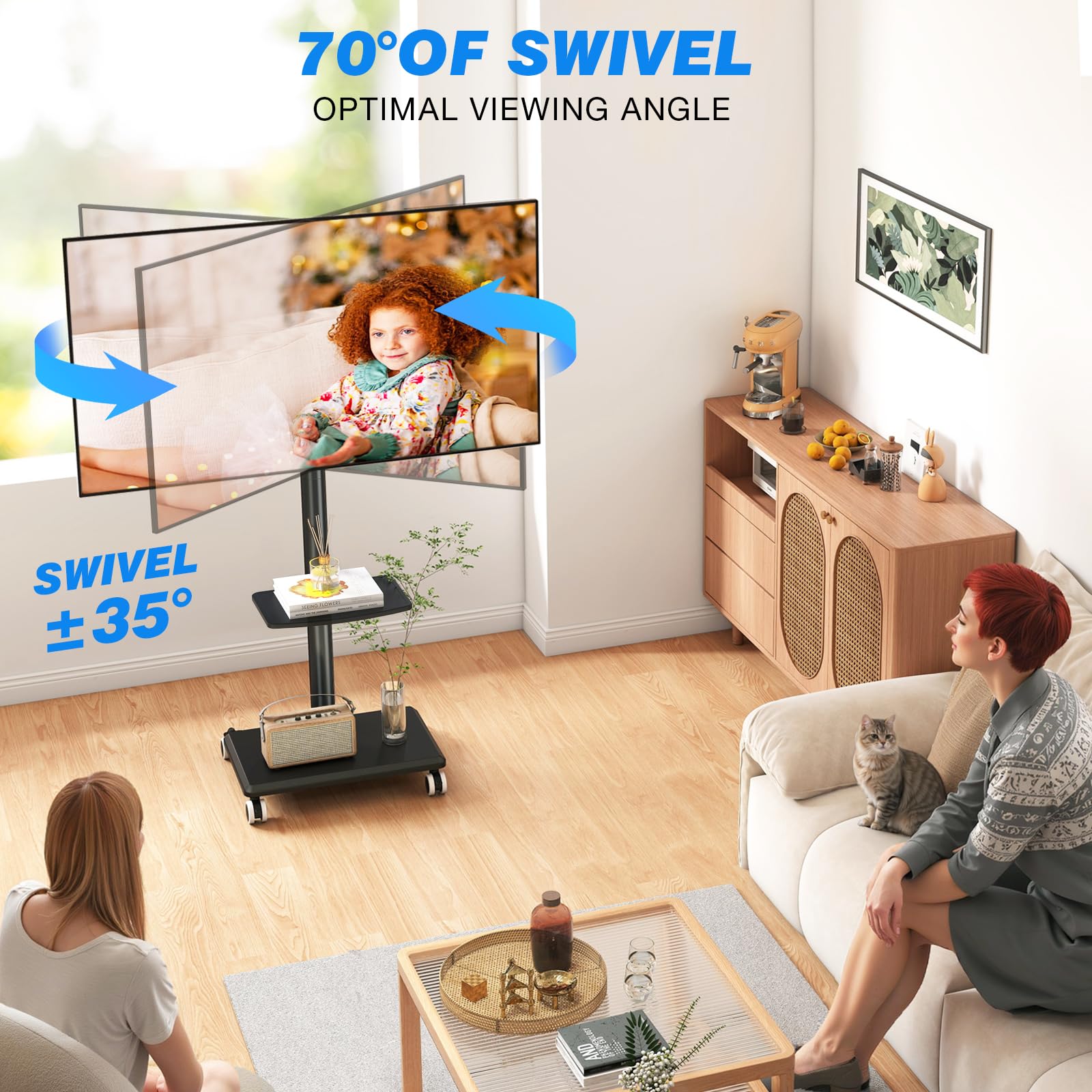 5Rcom Stojak na telewizor na kółkach, do telewizorów 27–55 cali, czarny mobilny wózek telewizyjny, stojak na telewizor z regulacją wysokości i obrotem z drewnianą podstawą, max. VESA 400 x 400 mm