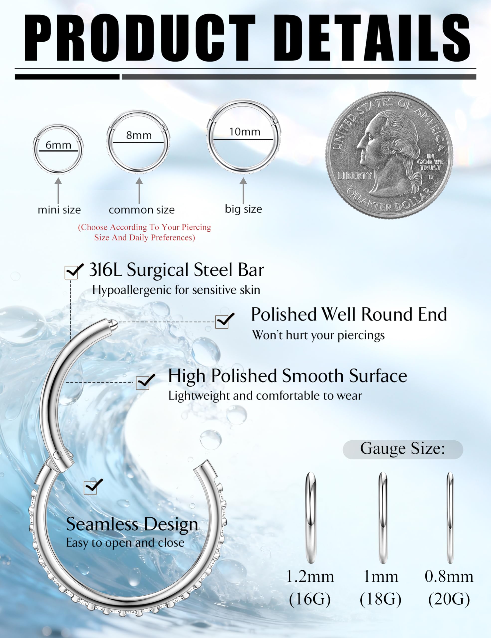 Morfetto Pendientes de Helix de Joyería Piercing Nariz Tragus Conch Aro Con Acero Quirúrgico 16G 18G Anillo Nasal Tabique Daith Rook Joyería Piercing Tragus Helix 6mm 8mm 10mm