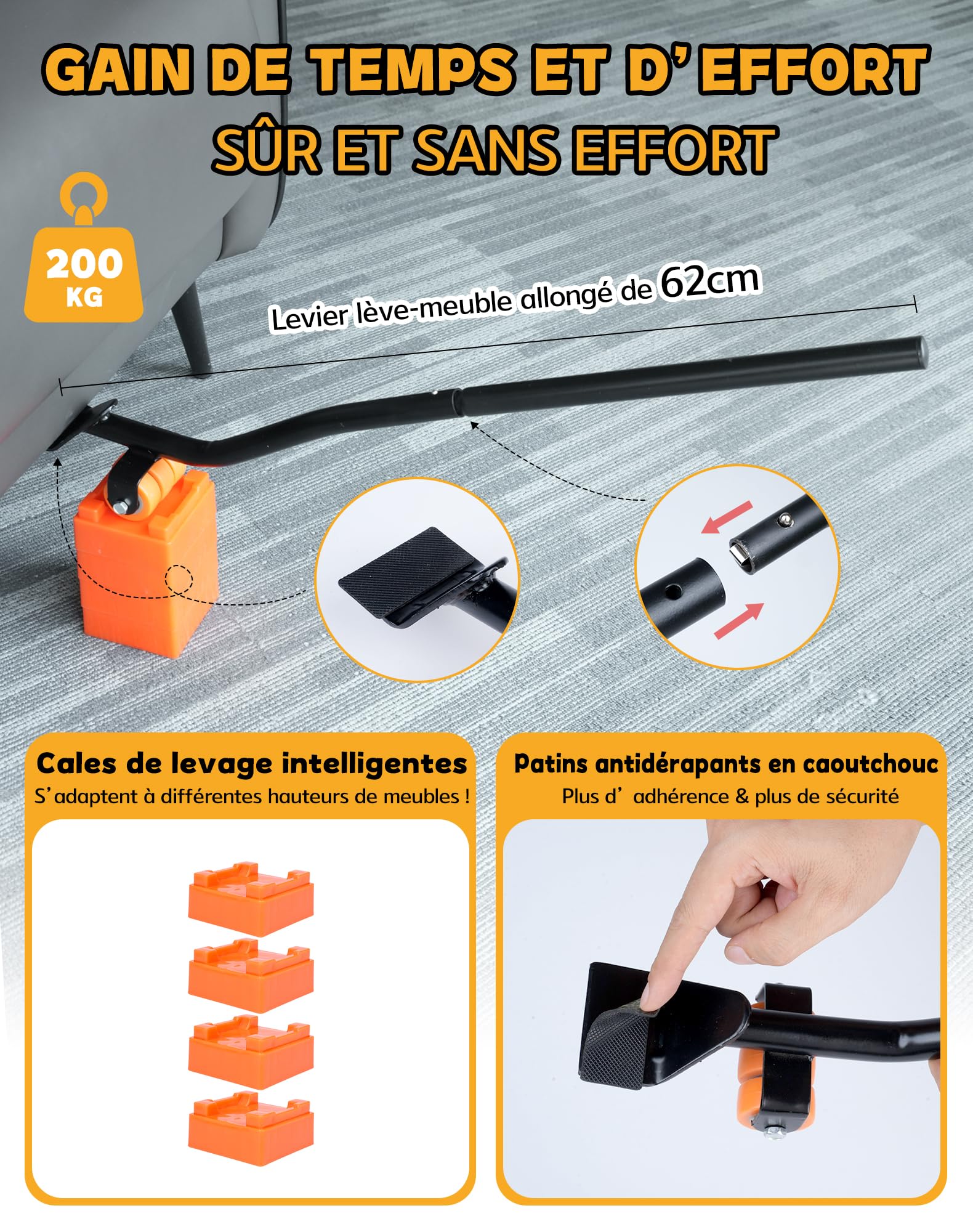 Kit de Roulettes pour Meubles, 4 Roulettes à 5 Roues avec Frein et Lève-Meuble, Charge jusqu’à 750 kg, Roulette Demenagement pour Réfrigérateur, Machine à Laver, Armoire et Canapé