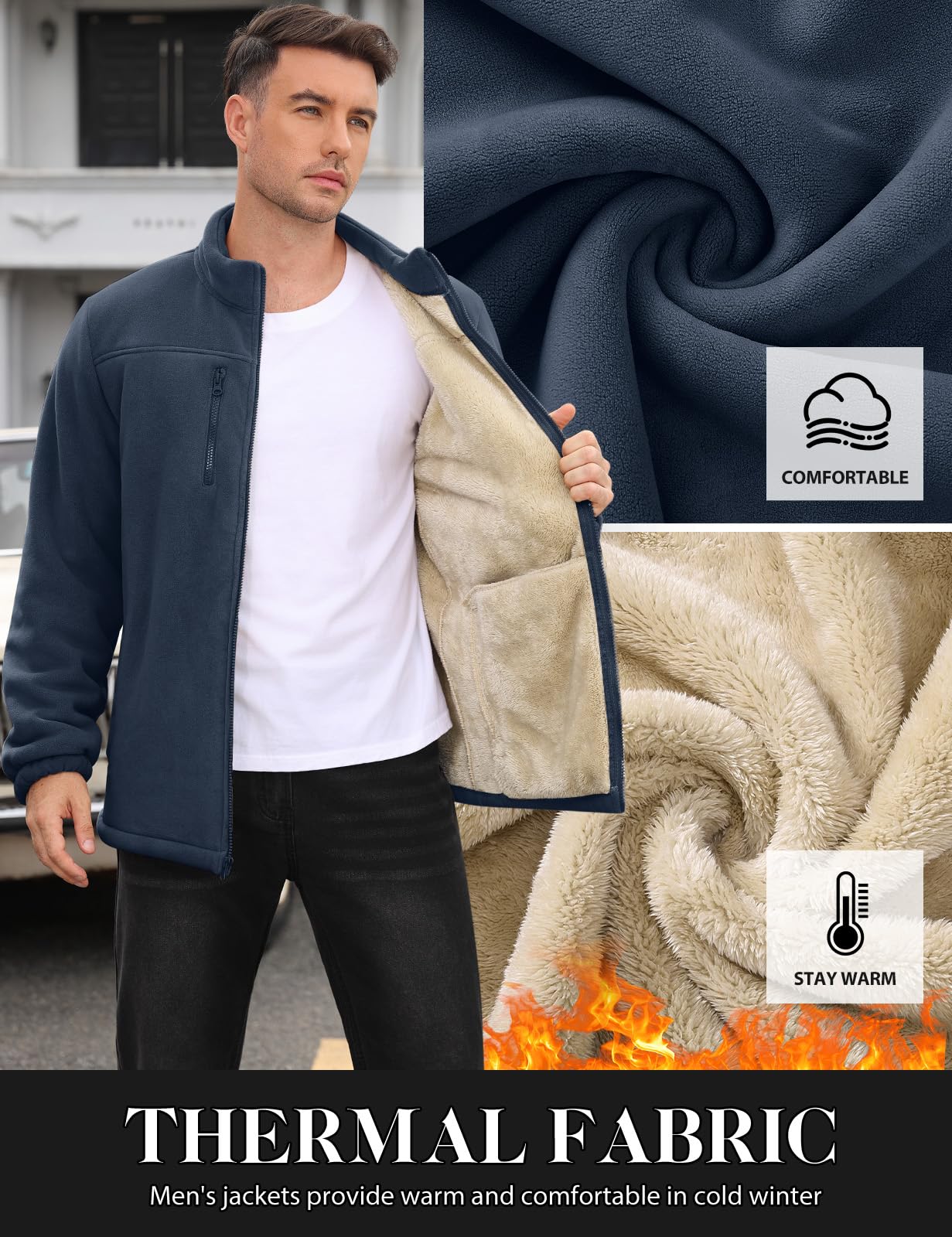Voqeen Chaqueta de Invierno Forro Polar para Hombre Sudadera Termica con Cremallera Bolsillos sin Capucha Abrigo Cálida Cuello Alto para Senderismo Chaquetas Calefactable Al Aire Libre Trekking