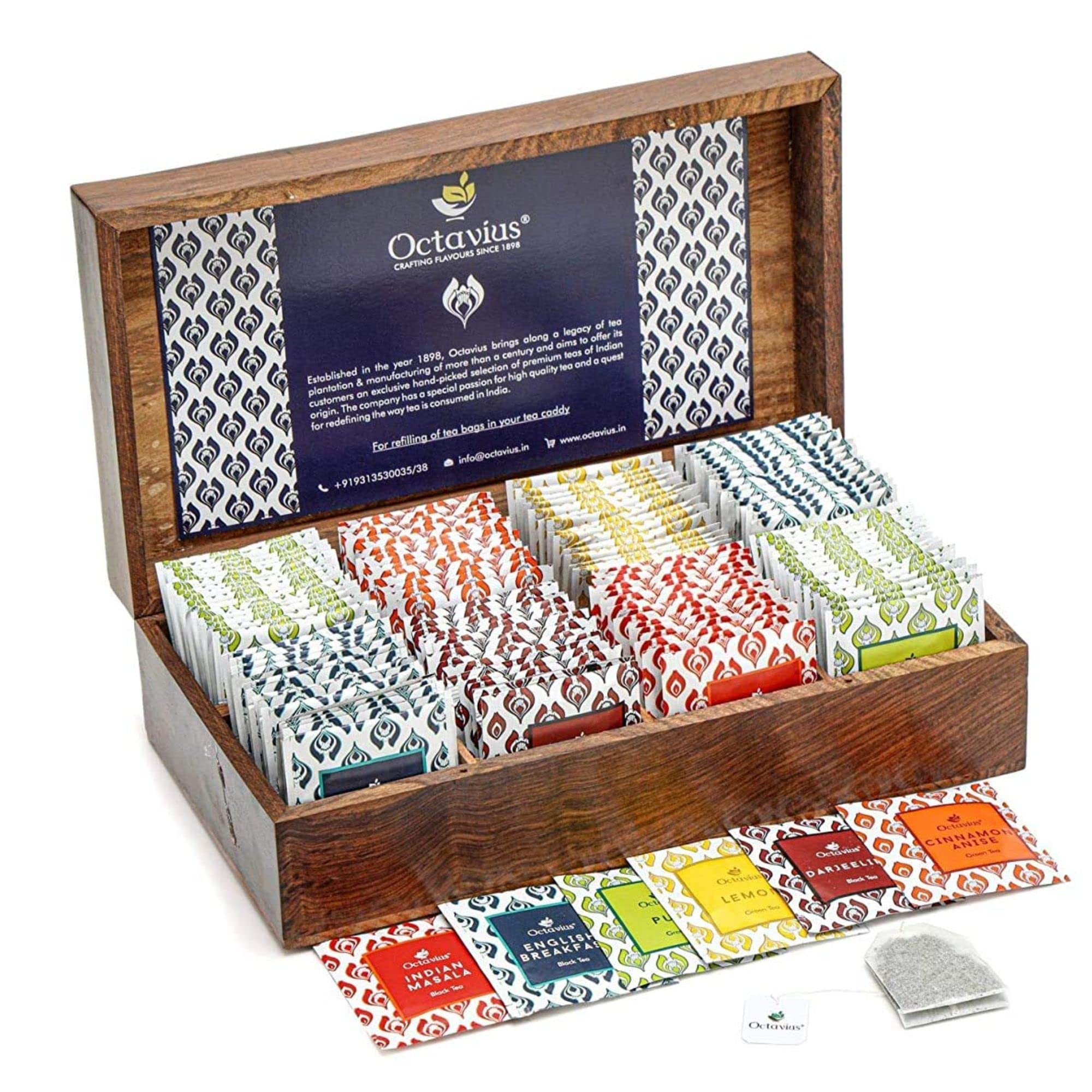 Octavius | Assorted Tea Bag Sampler Gift Set - 6 Tea Flavors | 120 Counts - Black & Green Tea | Tea Sampler Pack | Wooden Tea Set Gift | Pack of