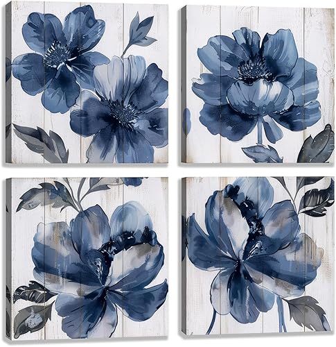 Miniatura 1 de BQVCT 4 piezas de arte floral azul para pared, impresiones en lienzo de madera blanca, flores grises y azul marino en el estilo de pintura de