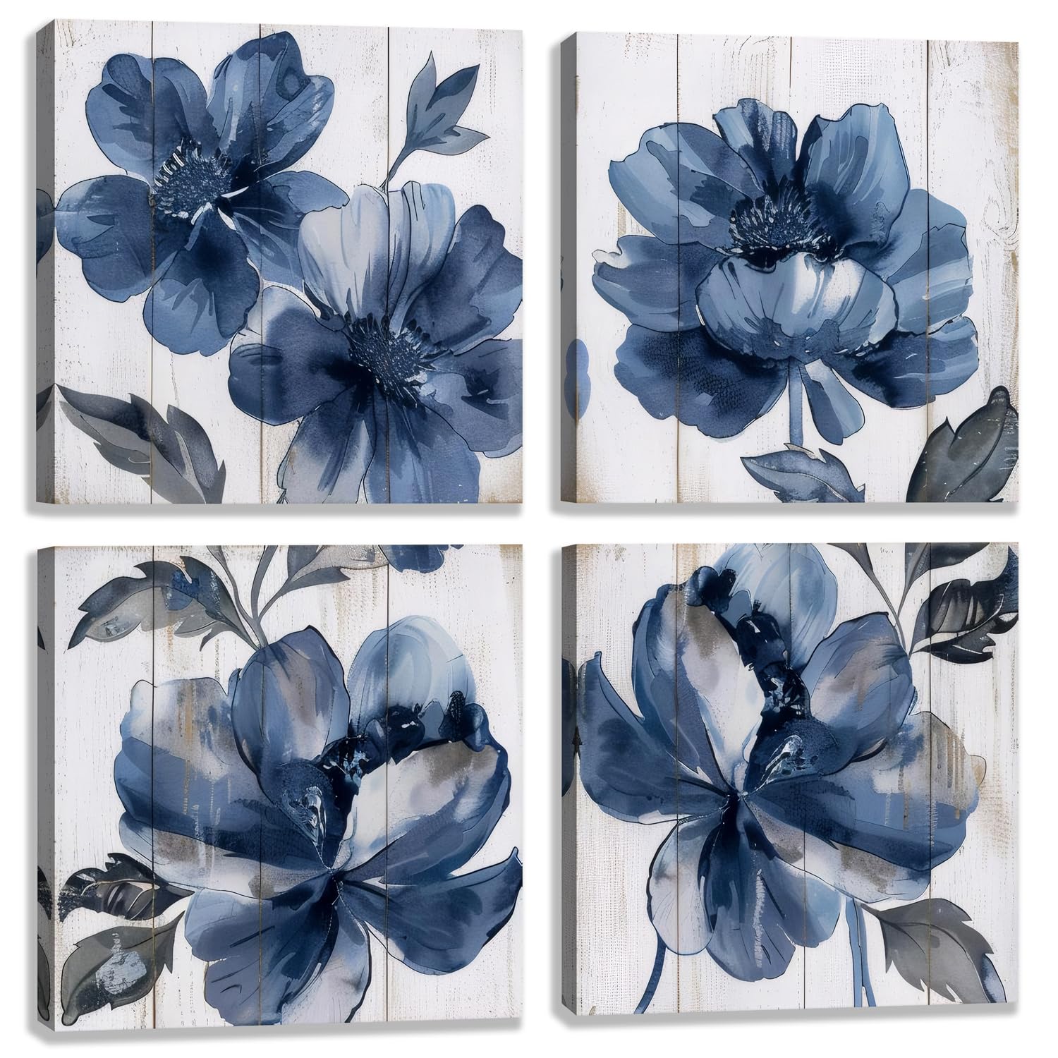BQVCT 4 Piece Blue Floral Wall Art White Wood Canvas Prints Grey and Navy Flowers in The Style of Watercolor Painting Vintage Flora Wall Decor for