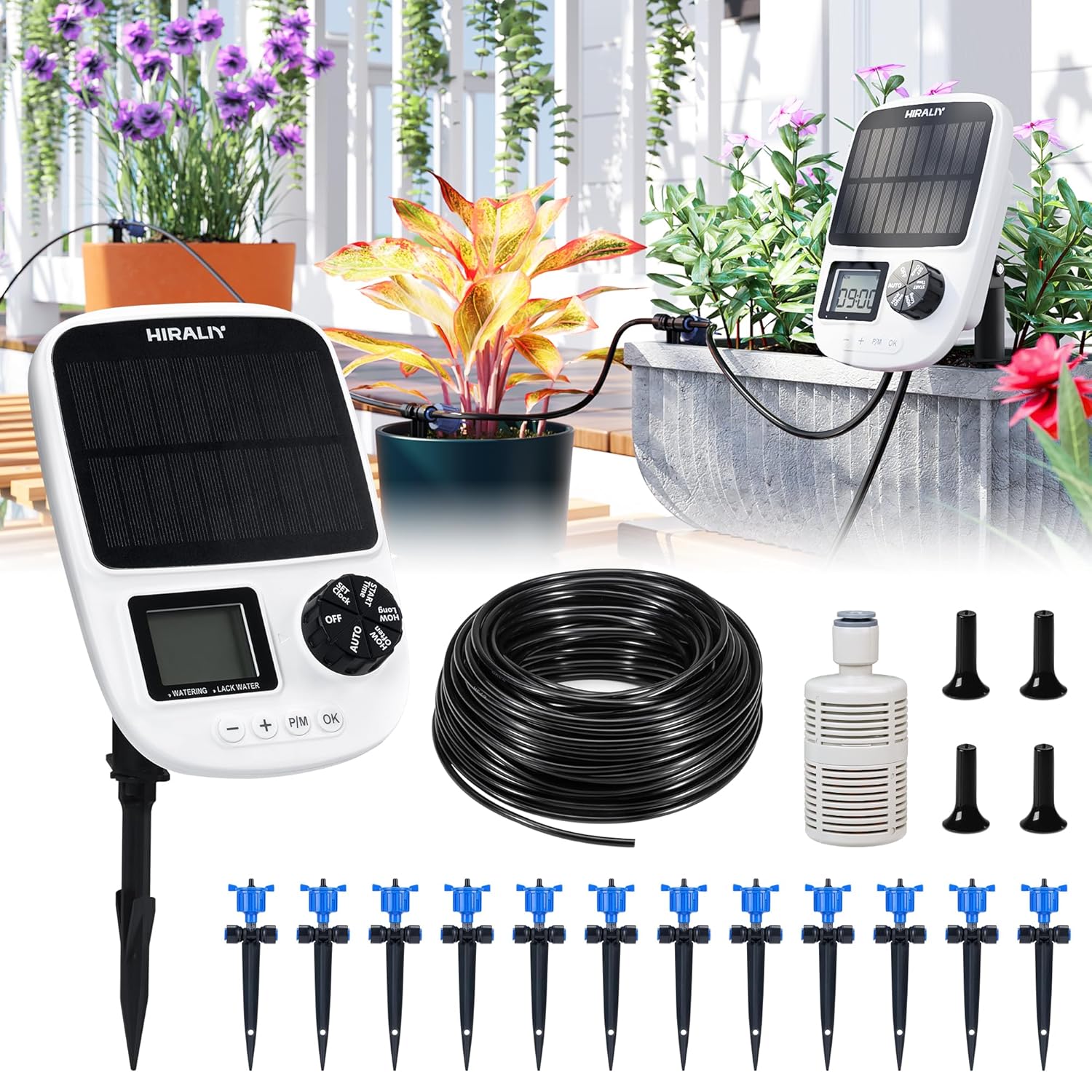 HIRALIY Solar Automatic Drip Irrigation System, Solar Powered Watering Device with Timer for Pots Plants, Pressure Balanced Drippers, Adjustable Water Flow, with USB Port, for Indoor Irrigation Kit