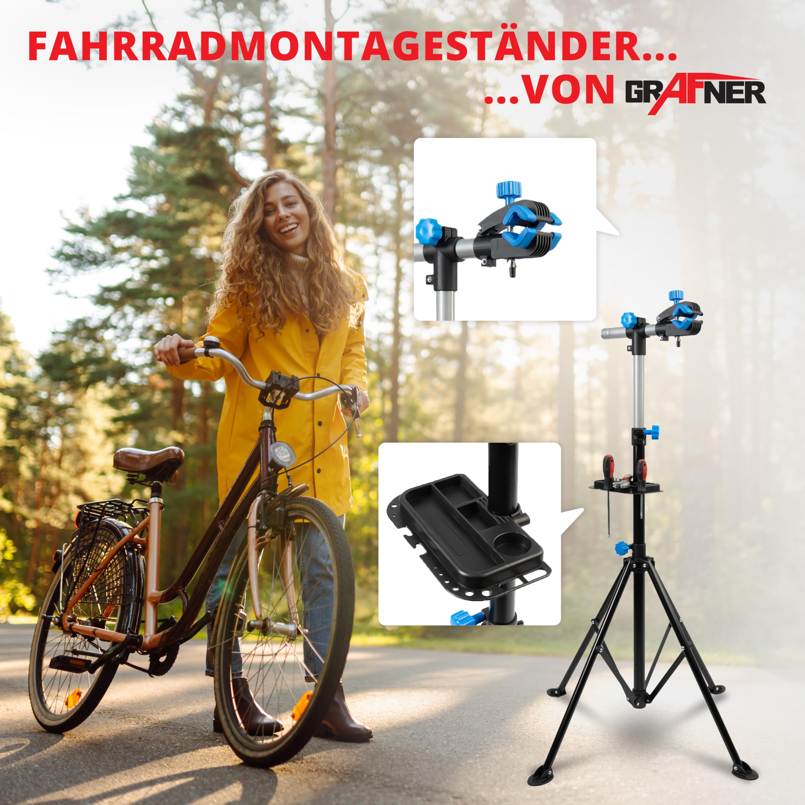 Grafner Montageständer für Fahrräder und Ebike, mit Werkzeugablage 105-190 cm, belastbar bis 30 kg, klappbar & höhenverstellbar, vierbeinig, robuste Ausführung, Reparaturständer Ebike