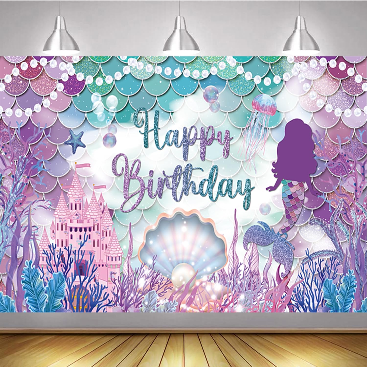 LOONELO Mermaid Birthday Backdrop, Under The Sea Mermaid Tail Backdrop Banner with 70.8 x 43.3 Inch, Happy Birthday Glitter Pink Mermaid Background Photo Photography for Birthday Party Supplies