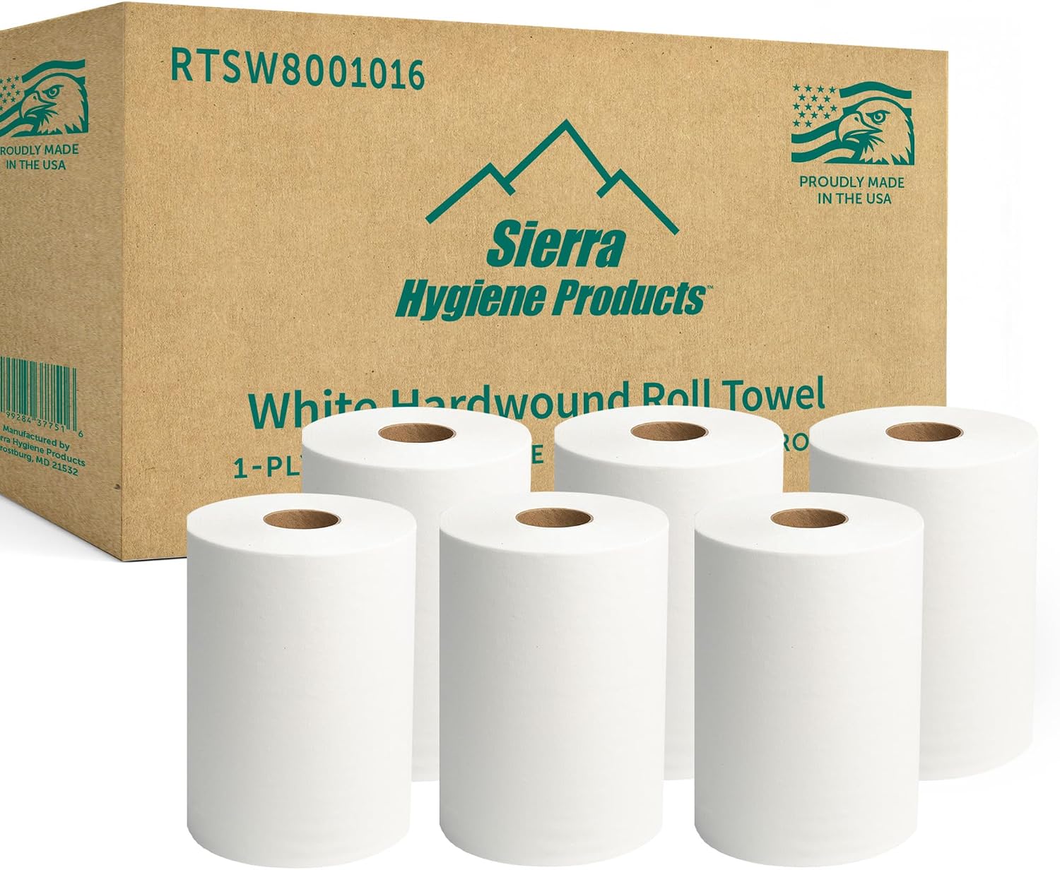 Sierra Hygiene 1-Ply White Roll Towels, 10” x 800’, Hardwound Paper Towel Rolls for Commercial Restrooms, Restaurants, Schools & Offices, Case of 6 Rolls, Made in USA