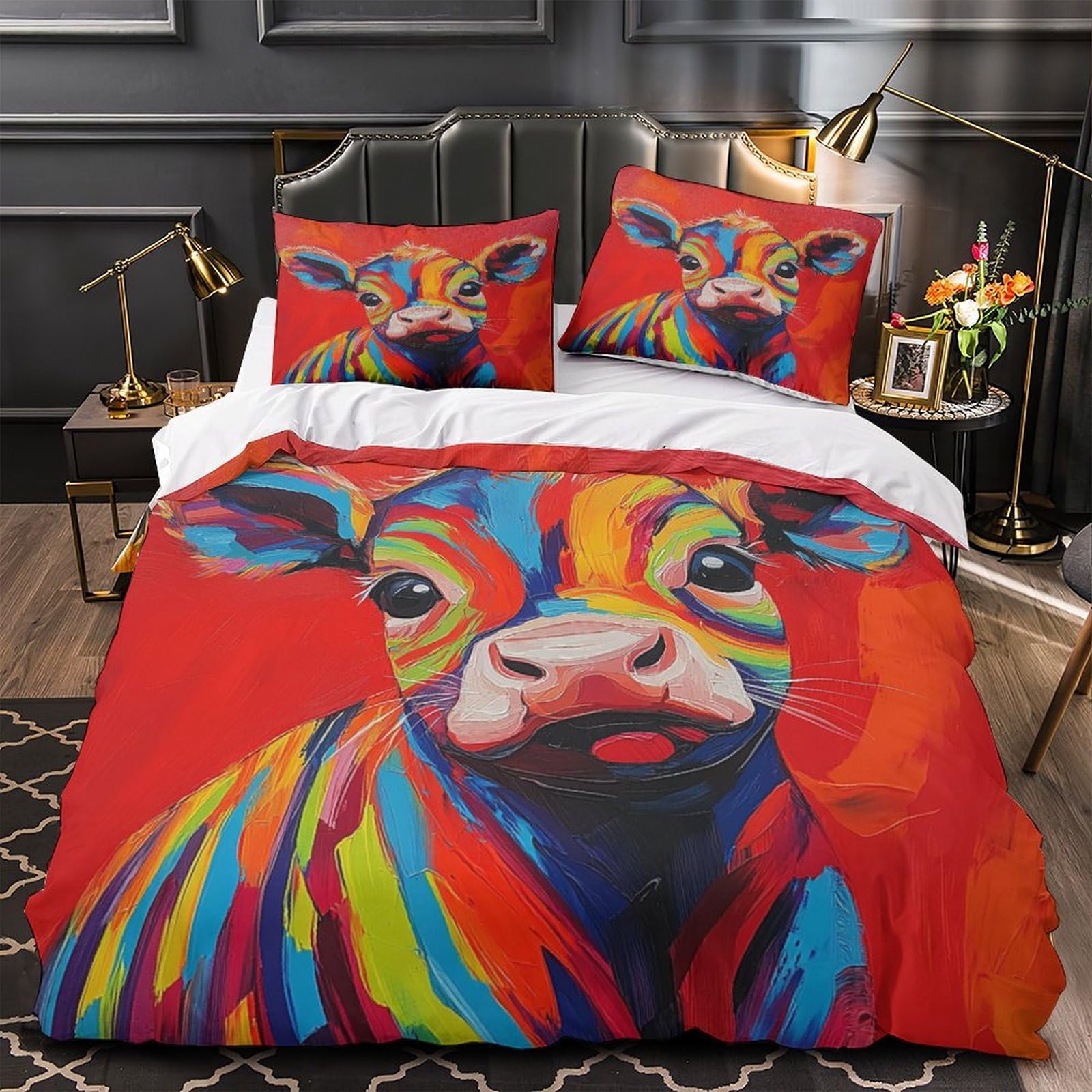 Housse de couette vache 3D 220x240 cm en microfibre avec ses deux taies d'oreiller pour lit King