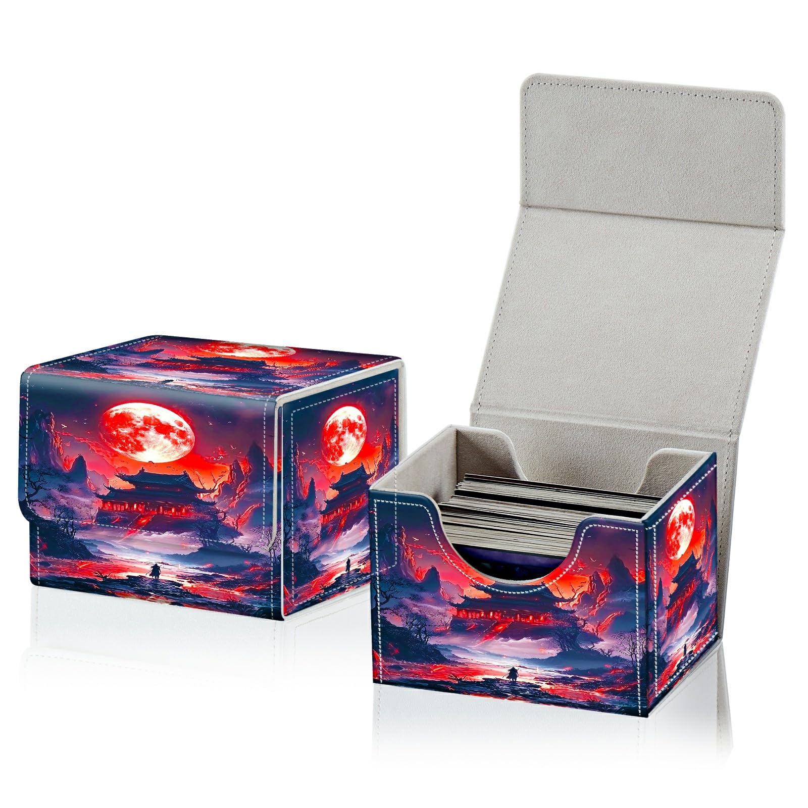 RWUTYTIUL Card Deck Box for MTG, Cards Storage Box Fits 120+ Sleeved, Leather Small Size Strong Magnetic Closing Card Case for Board Games Magic TCG CCG Baseball Collection, Red Moon Castle — image 1
