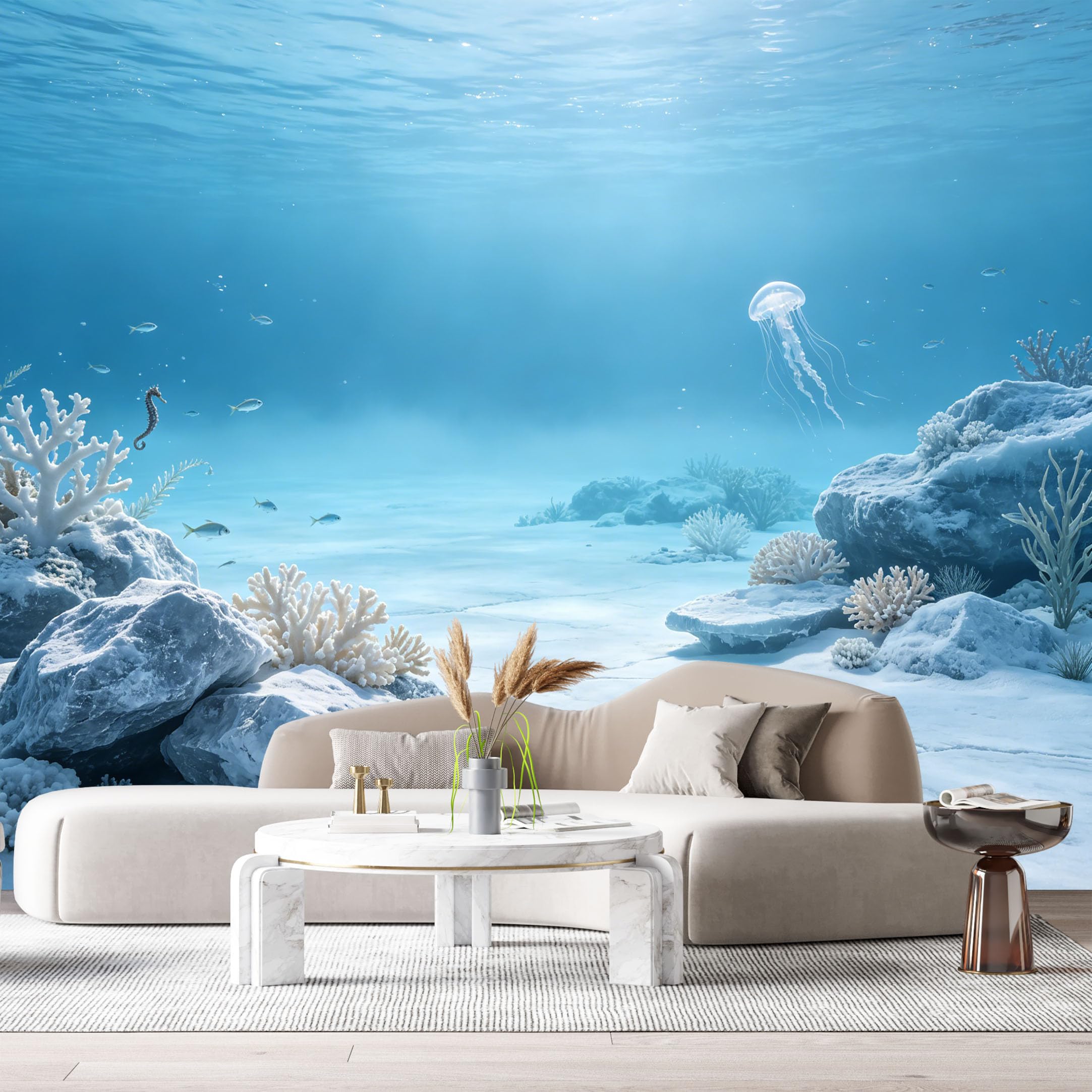 Custom Size Wall Murals Ocean Marine Jellyfish Coral Reef Underwater Scenery SelfAdhesiveWall Fabric Removable Wallpaper Wall Decor for Living Room Bedroom Bathroom