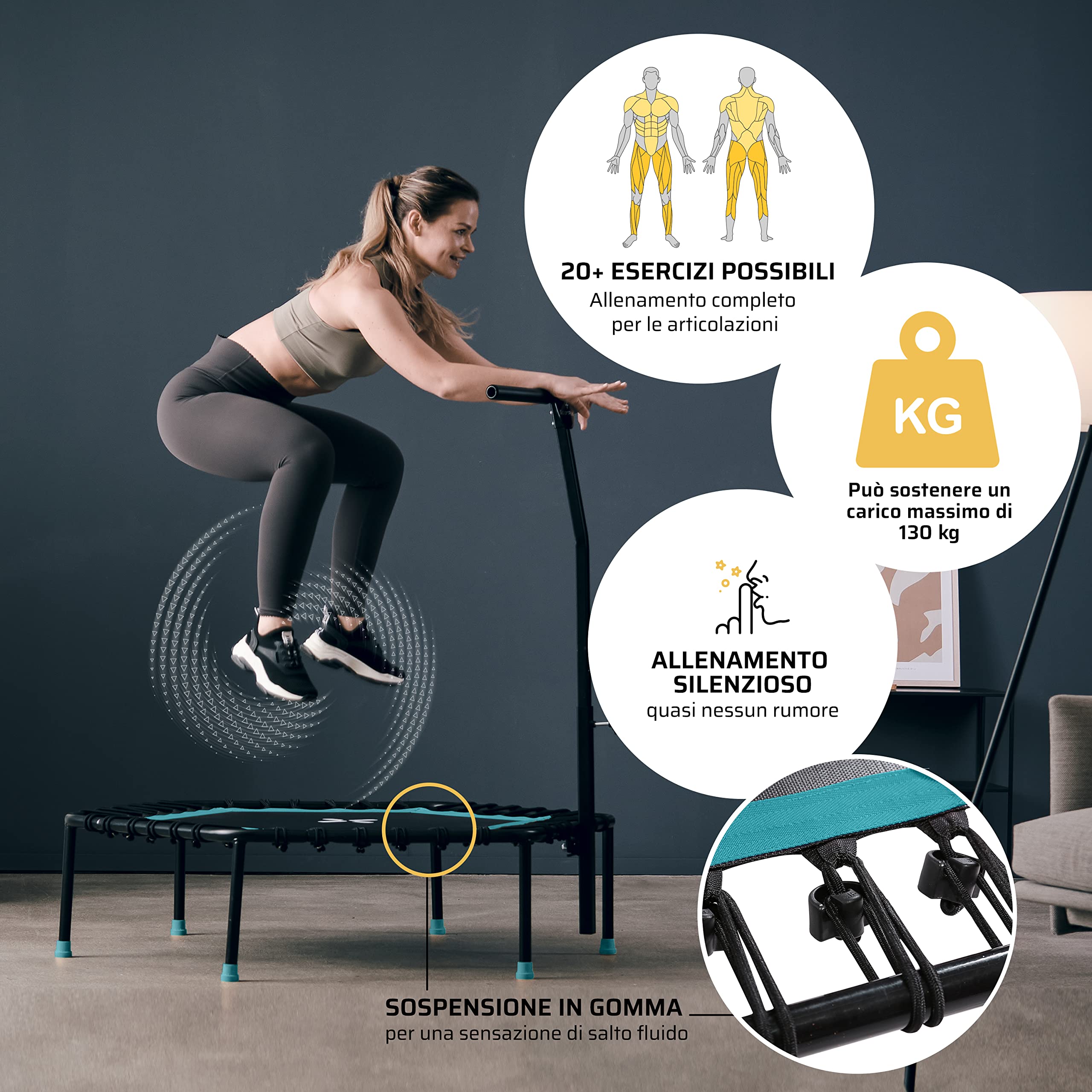 Trampolino fitness SportPlus, sospensioni silenziose con cavi in gomma, peso massimo dell'utente fino a 130 kg, trampolino per il jumping fitness