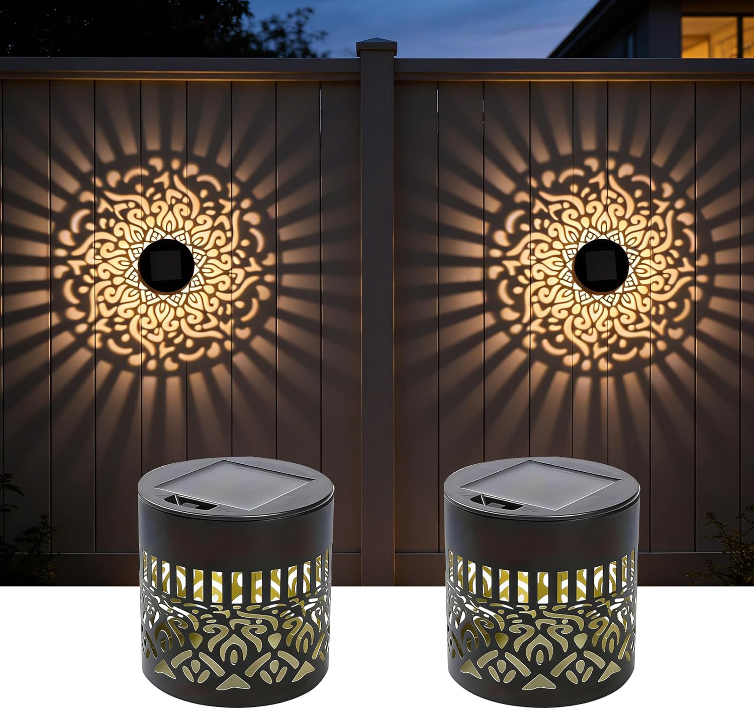 Solar Outdoor Fence Lights Decoration 2 Pack, Solar Wall Step Deck Lights Outdoor Garden Decor with Mandala Theme for Yard Art Porch Patio Backyard