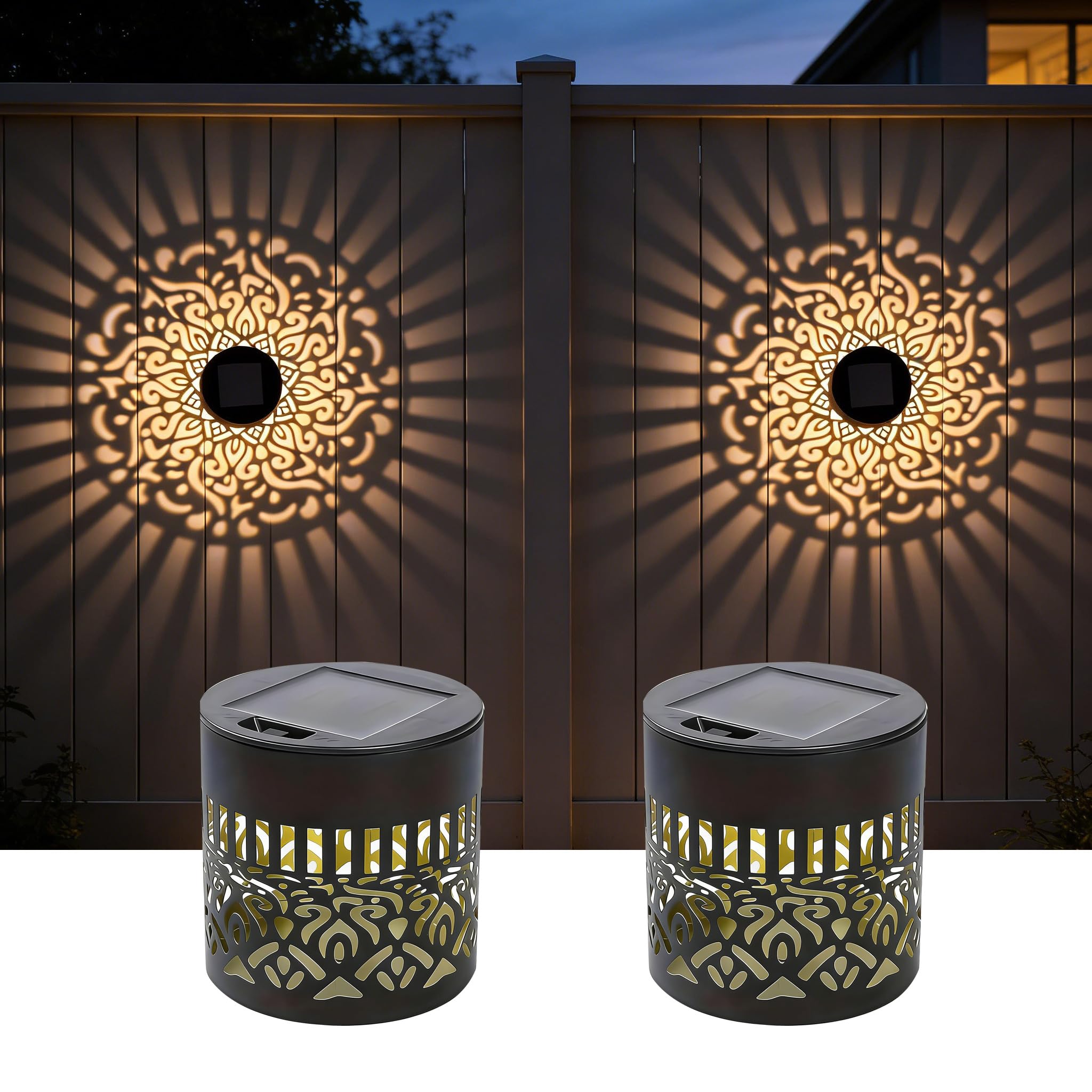 Jxdios 2 Pack Solar Outdoor Fence Lights Decoration, Solar Wall Step Deck Lights Outdoor Garden Decor with Mandala Theme for Yard Art Porch Patio Backyard(Mandala)
