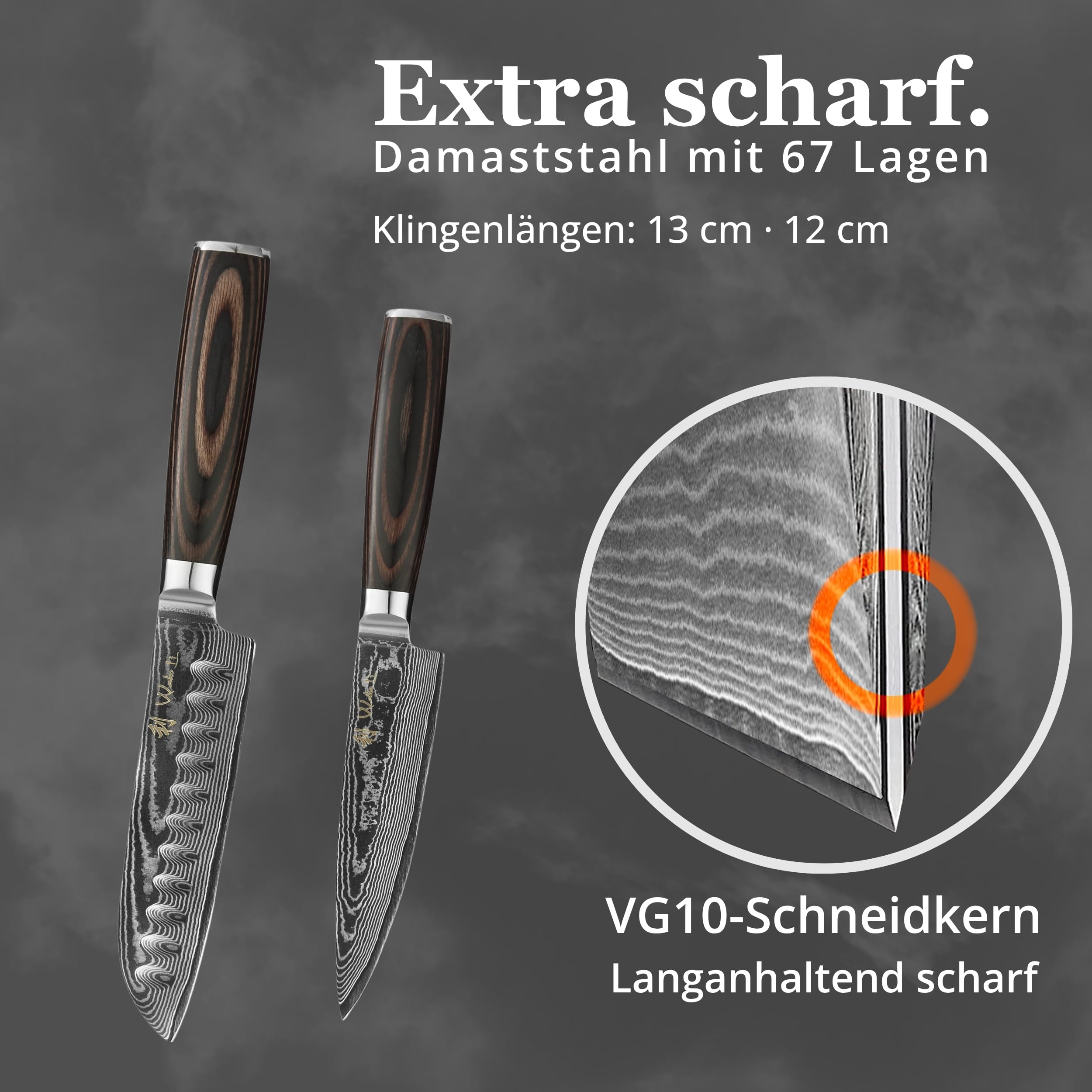 Wakoli EDIB Essentials 2-teiliges Messerset, Chefmesser, Santoku, VG10 Kern | 67 Lagen Damaststahl, kompakte 12 und 13 cm Klingen, Pakkaholzgriffe, Geschenkbox und Fingerschutz für feine Schneidarbeiten.