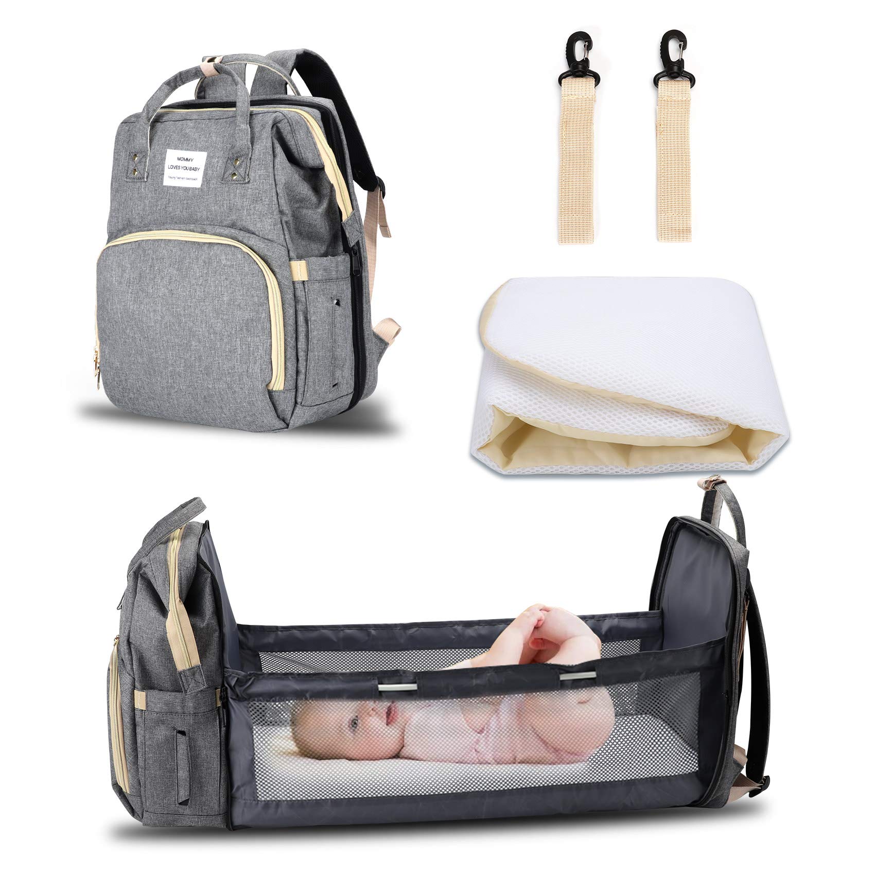 YINGFEI Diaper Bag Backpack with Large Capacity Organizers, Portable Crib by Foldable Baby Bed and Changing Pad, Travel Nappy Bag of Babysit with Container of Waterproof Bottles Pockets